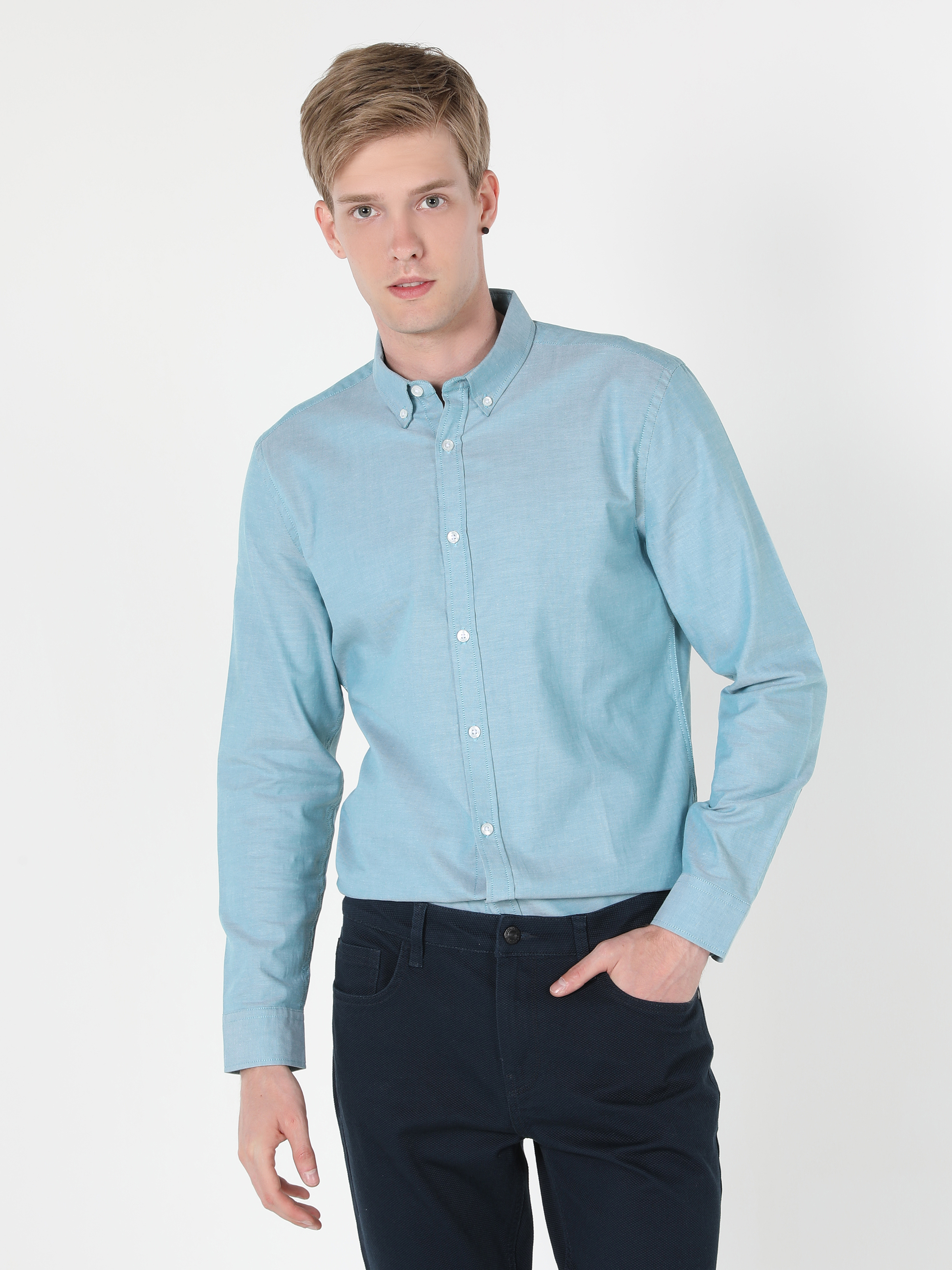 Slim Fit Shirt Neck Düz Erkek Yeşil Uzun Kol Gömlek