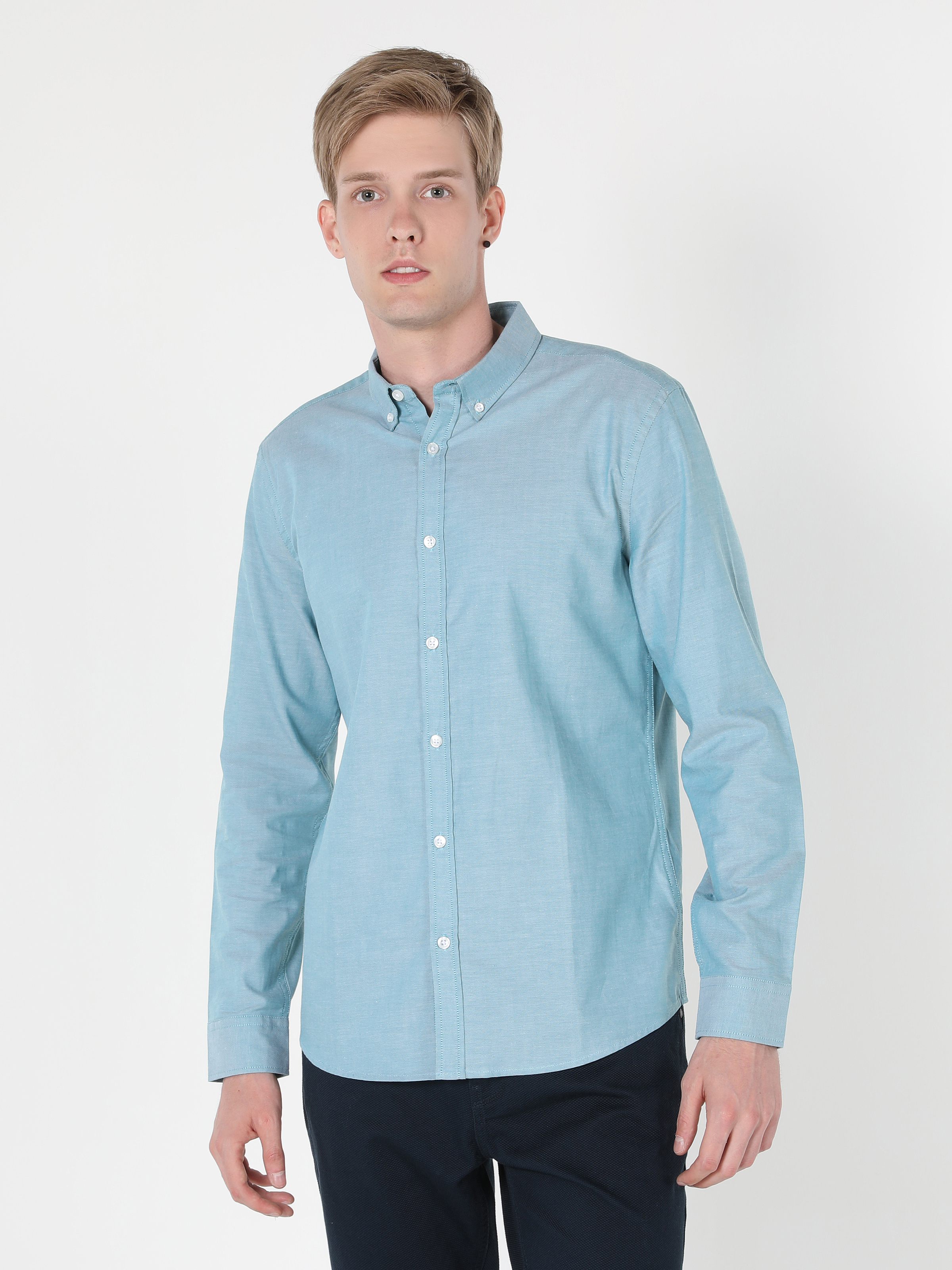 Slim Fit Shirt Neck Düz Erkek Yeşil Uzun Kol Gömlek