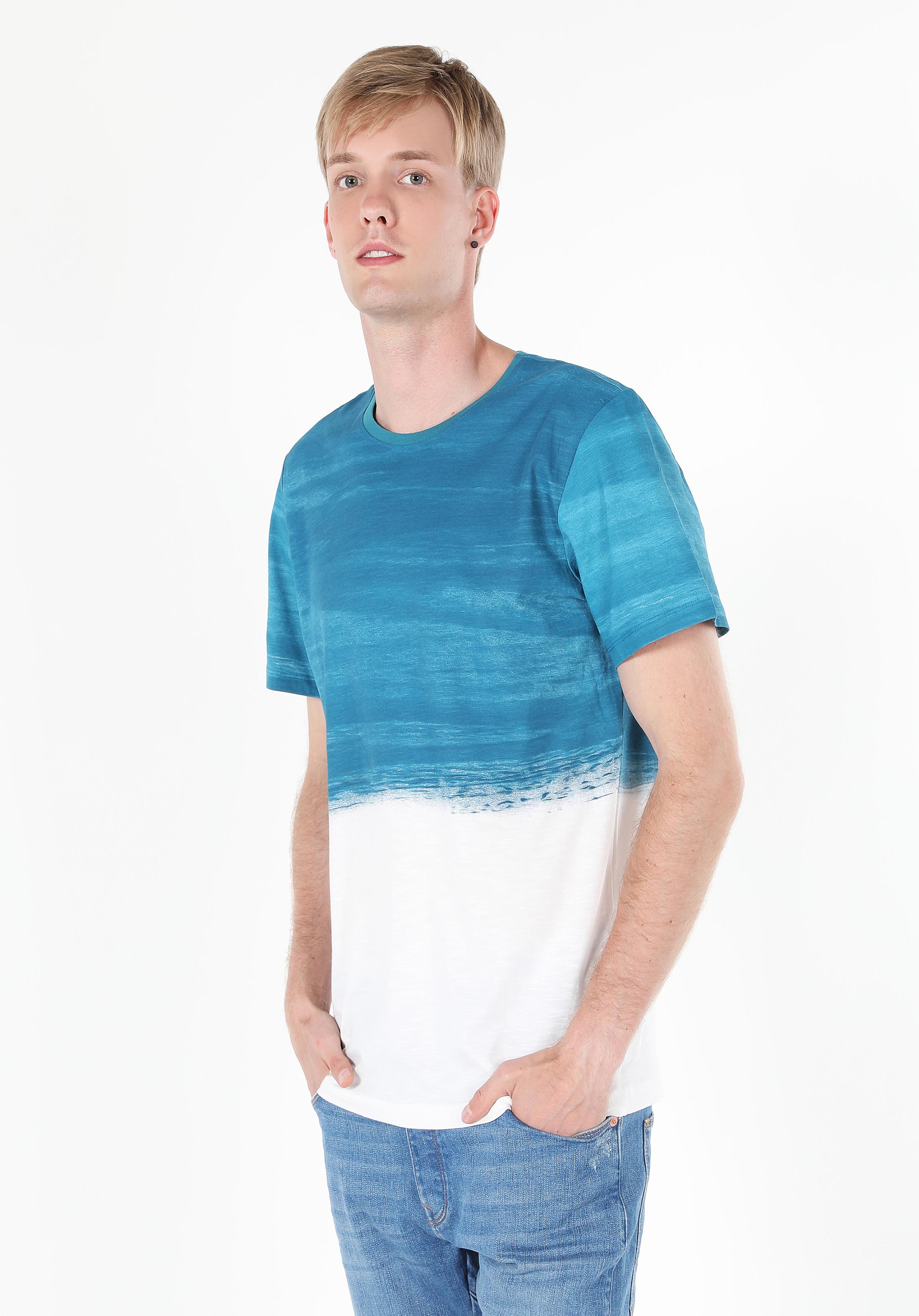Regular Fit Yuvarlak Yaka Baskılı Erkek Mavi Kısa Kol Tişört Cl1058707