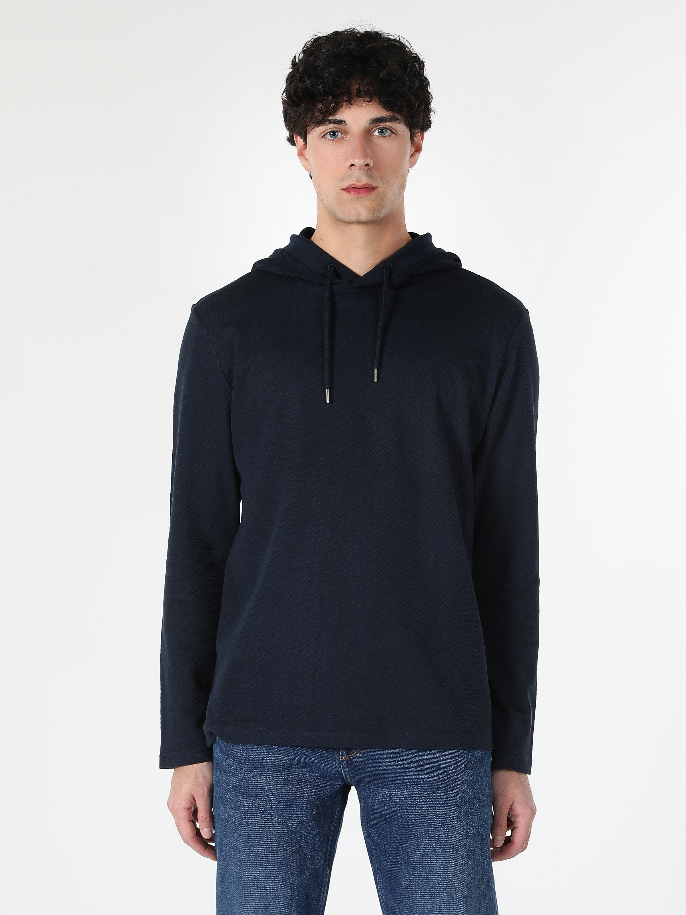 Regular Fit Kapüşonlu Düz Erkek Lacivert Uzun Kol Tişört