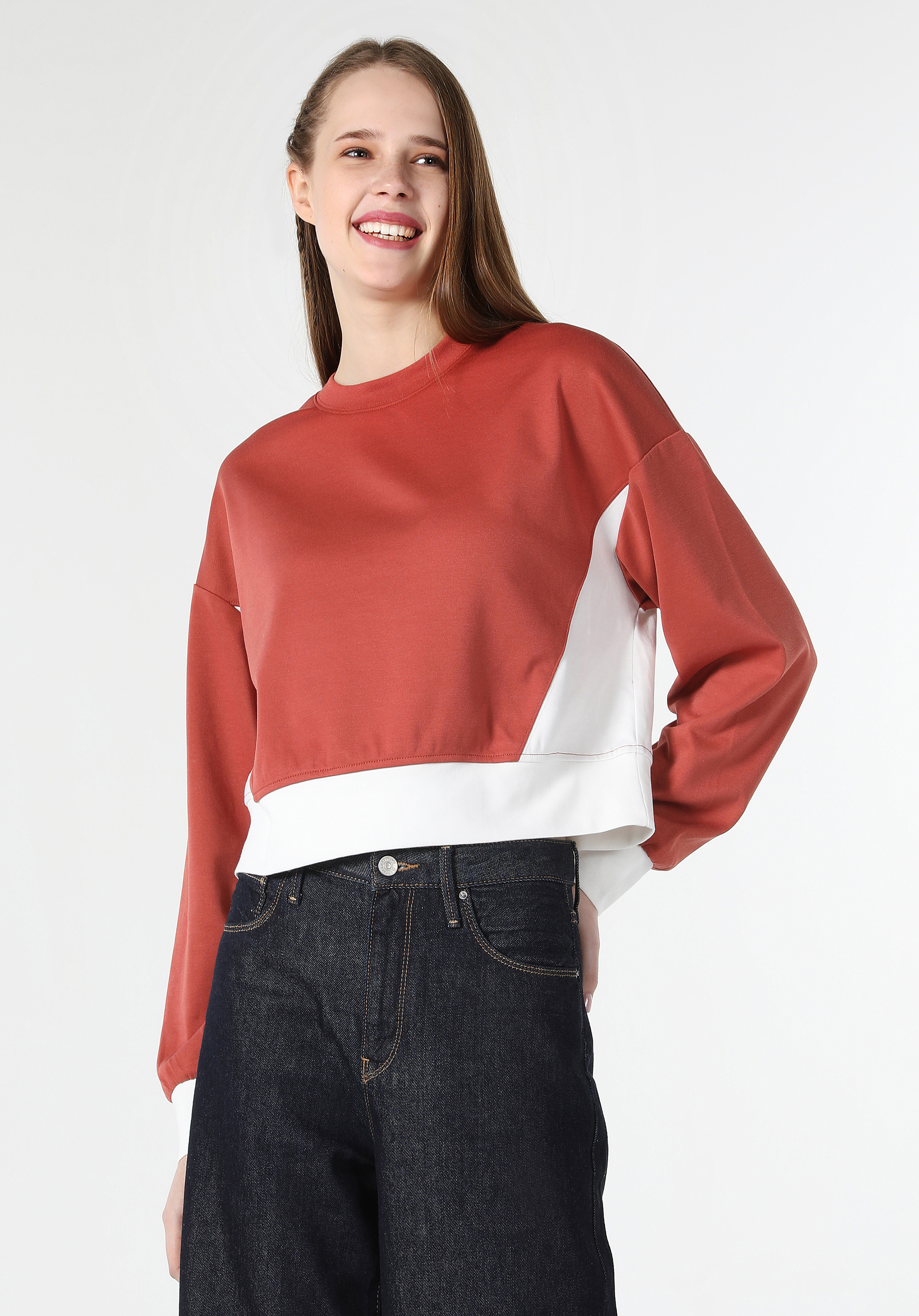 Regular Fit Yuvarlak Yaka Düz Kadın Turuncu Sweatshirt