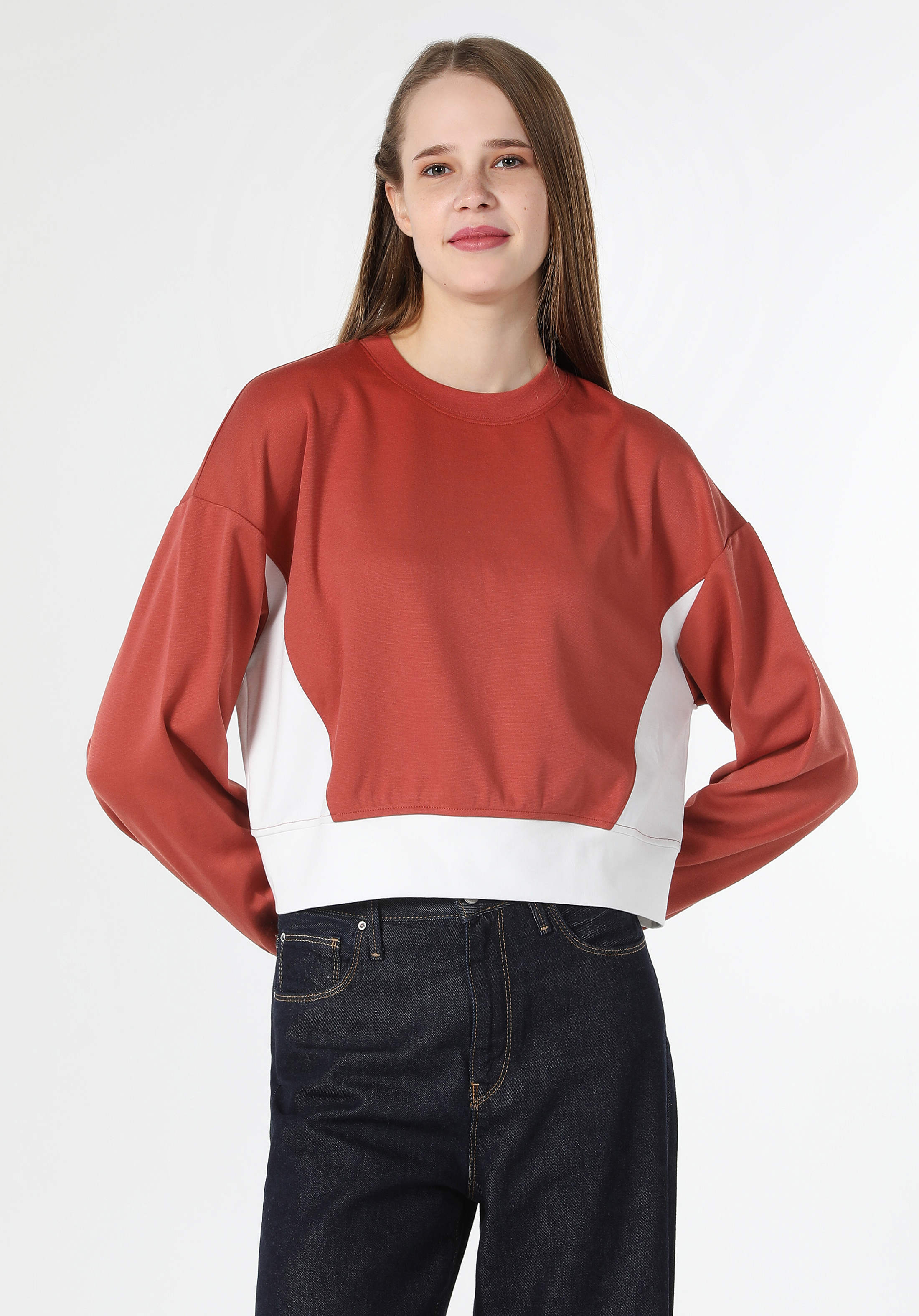 Regular Fit Yuvarlak Yaka Düz Kadın Turuncu Sweatshirt