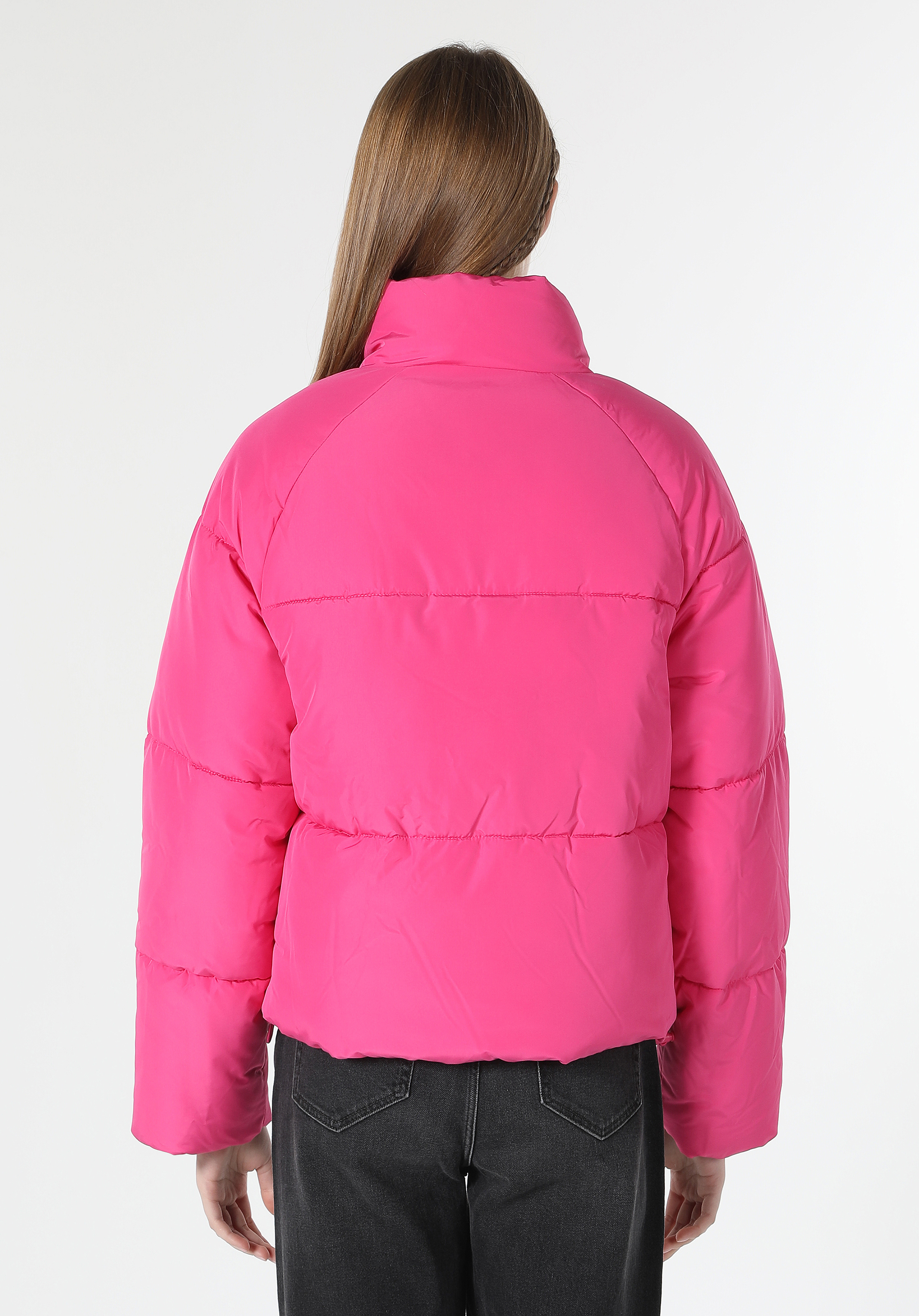 Regular Fit Dik Yaka Fermuarlı Astarlı  Kadın Pembe Mont