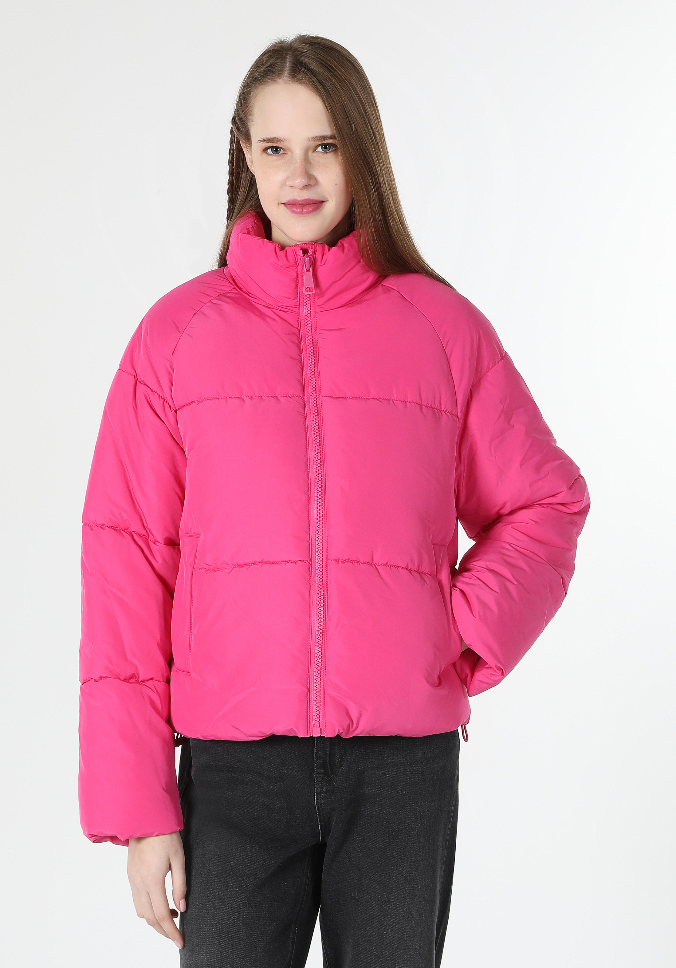 Regular Fit Dik Yaka Fermuarlı Astarlı  Kadın Pembe Mont