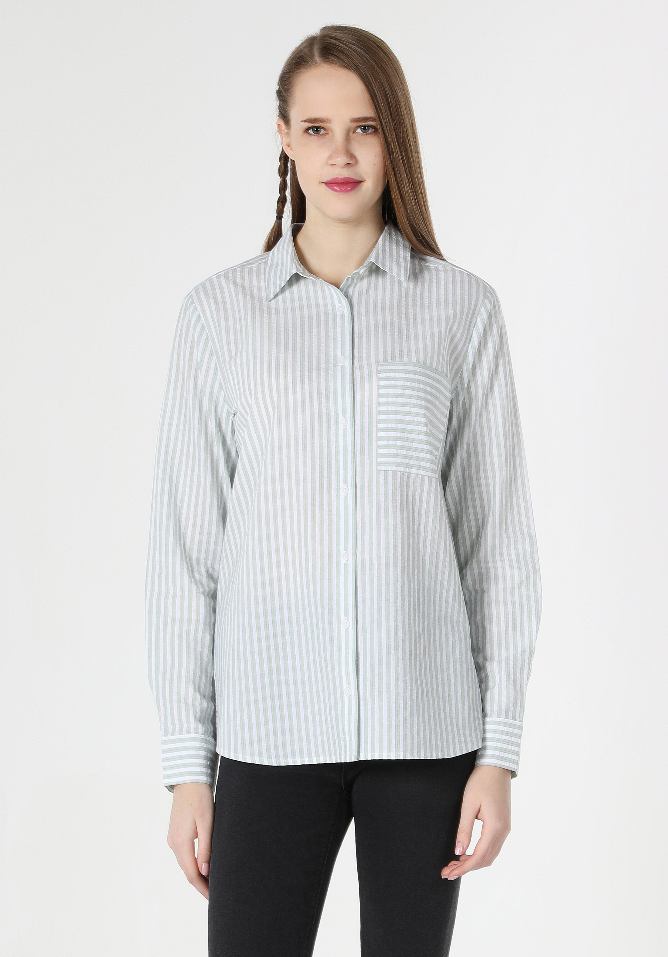 Regular Fit Shirt Neck  Kadın Yeşil Uzun Kol Gömlek Cl1061874