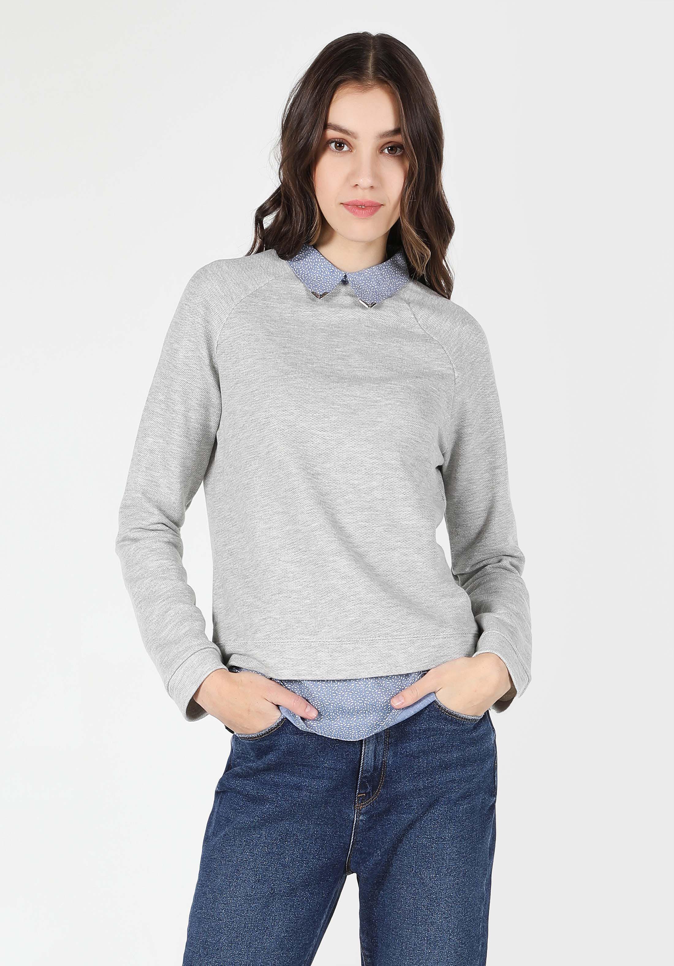 Regular Fit Shirt Neck Baskılı Kadın Gri Uzun Kol Tişört