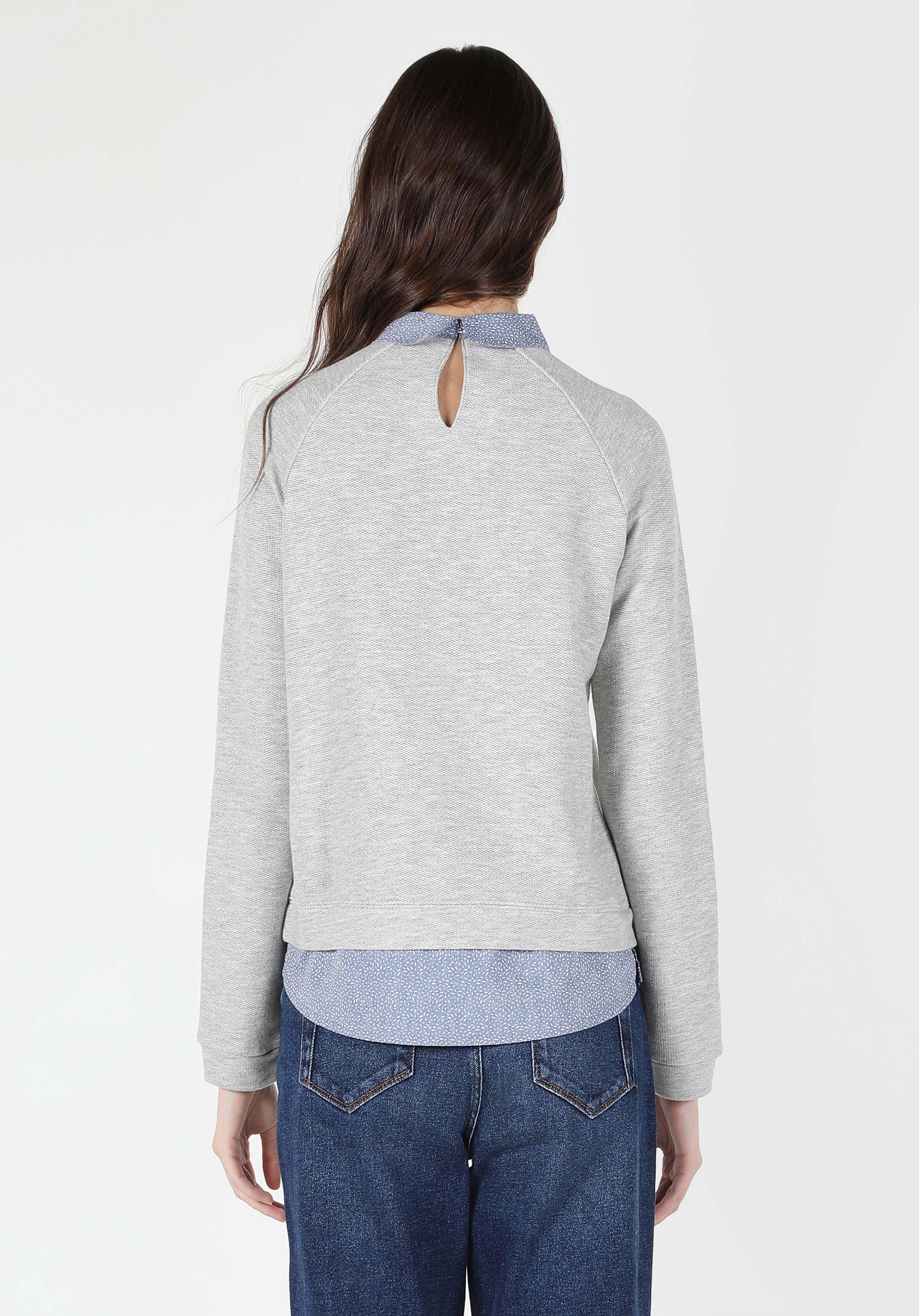 Regular Fit Shirt Neck Baskılı Kadın Gri Uzun Kol Tişört