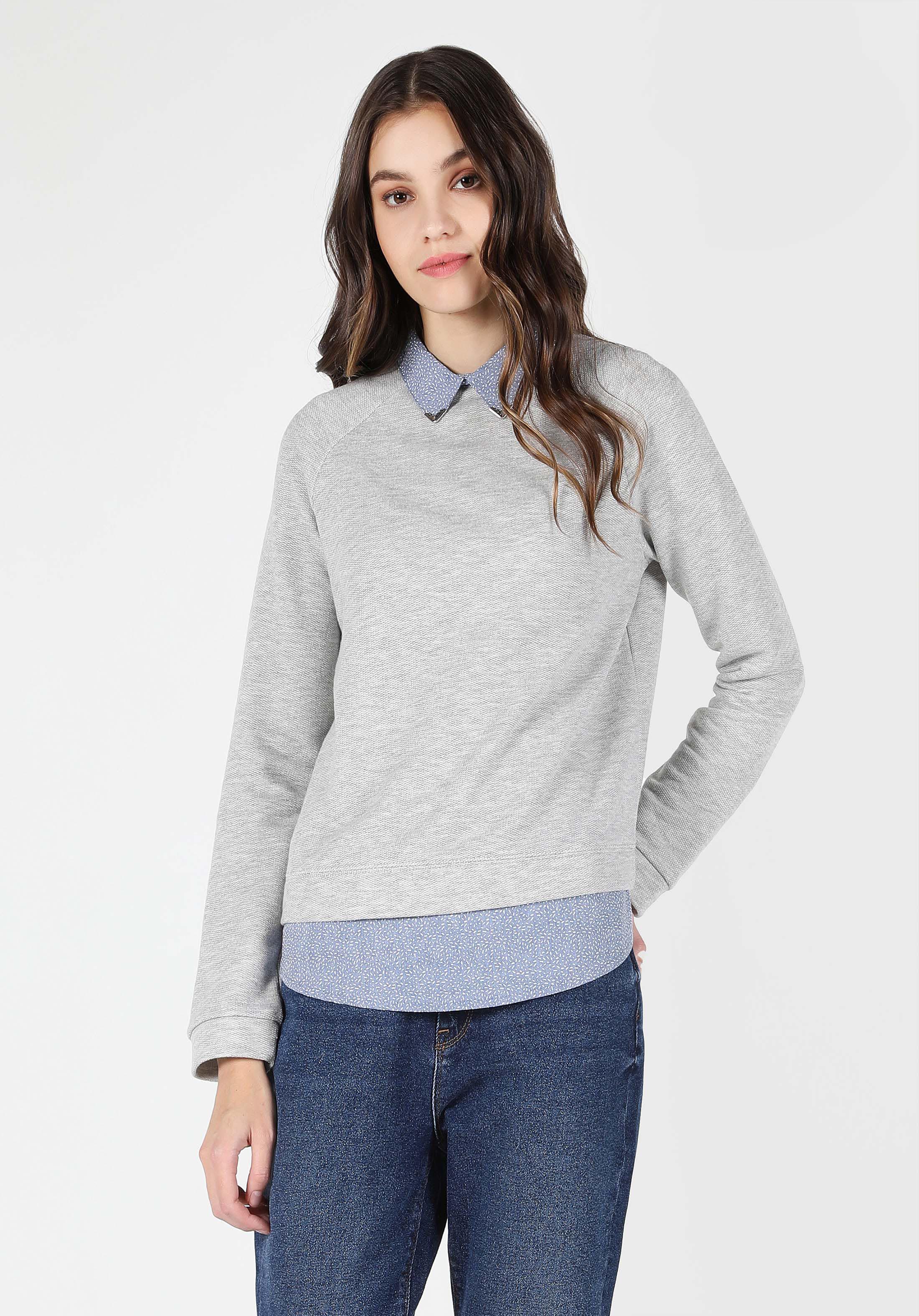 Regular Fit Shirt Neck Baskılı Kadın Gri Uzun Kol Tişört