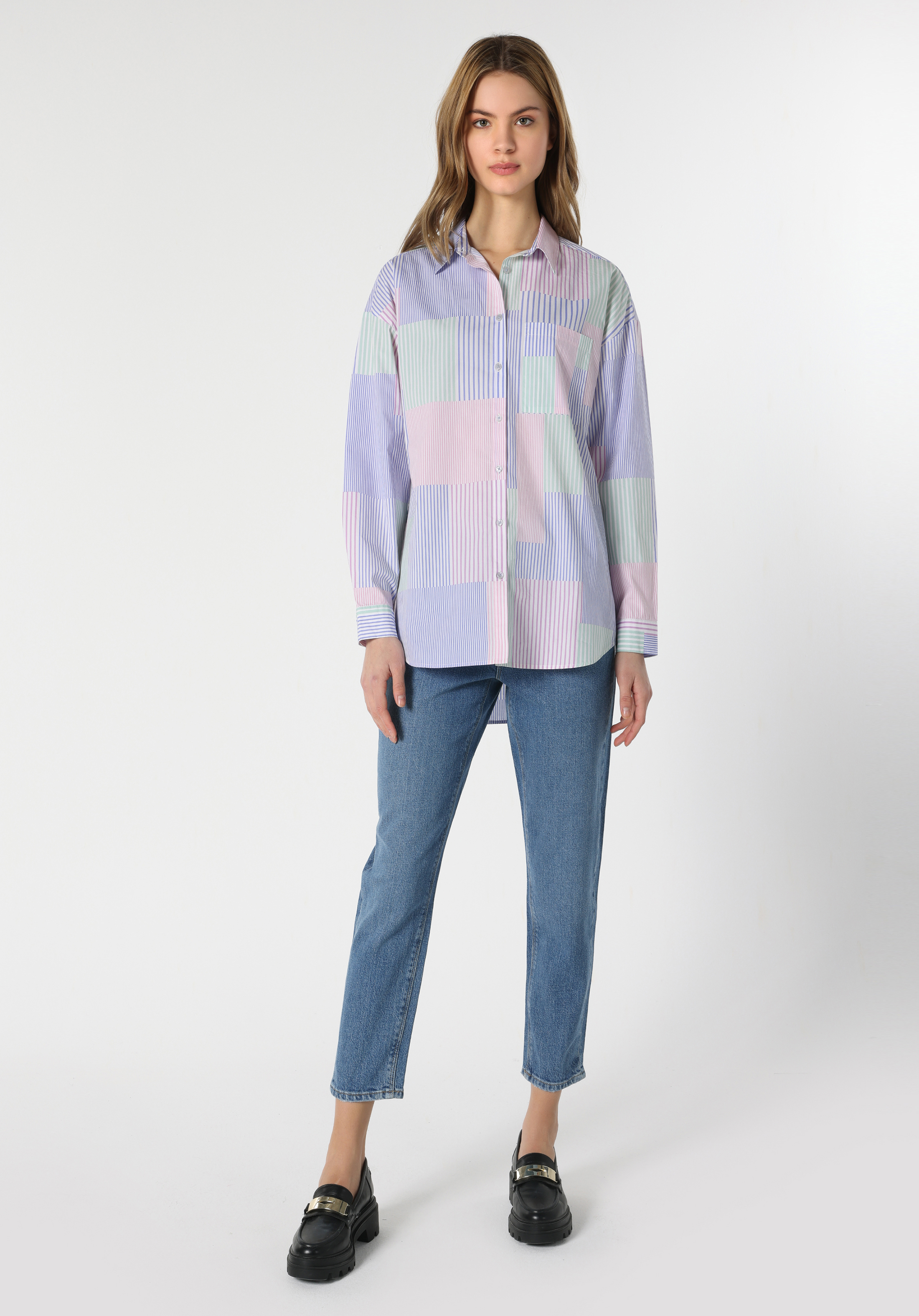 Relaxed Fit Shirt Neck  Kadın Çok Renkli Uzun Kol Gömlek Cl1062921