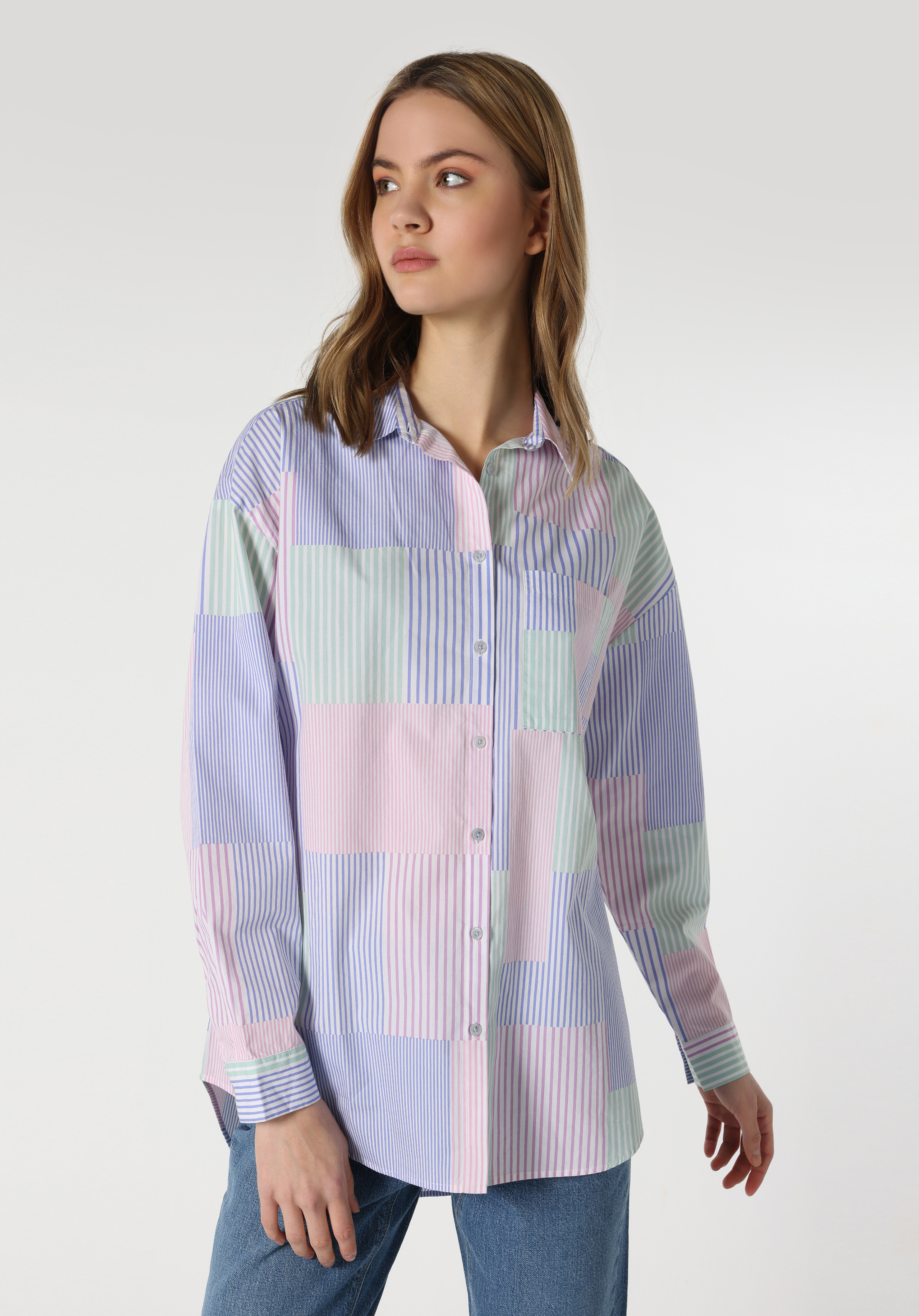 Relaxed Fit Shirt Neck  Kadın Çok Renkli Uzun Kol Gömlek Cl1062921