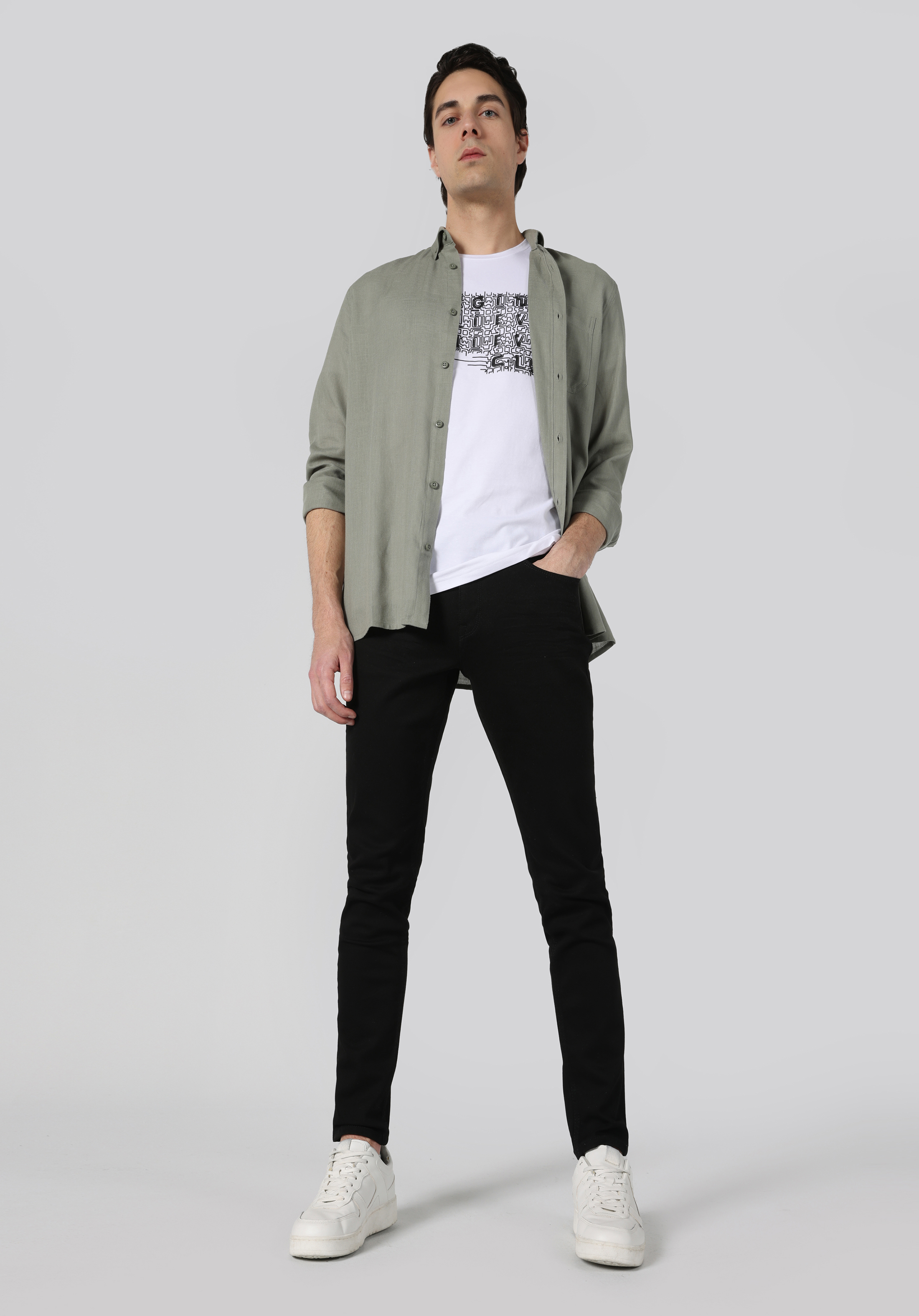 Regular Fit Shirt Neck Düz Erkek Yeşil Uzun Kol Gömlek Cl1062133