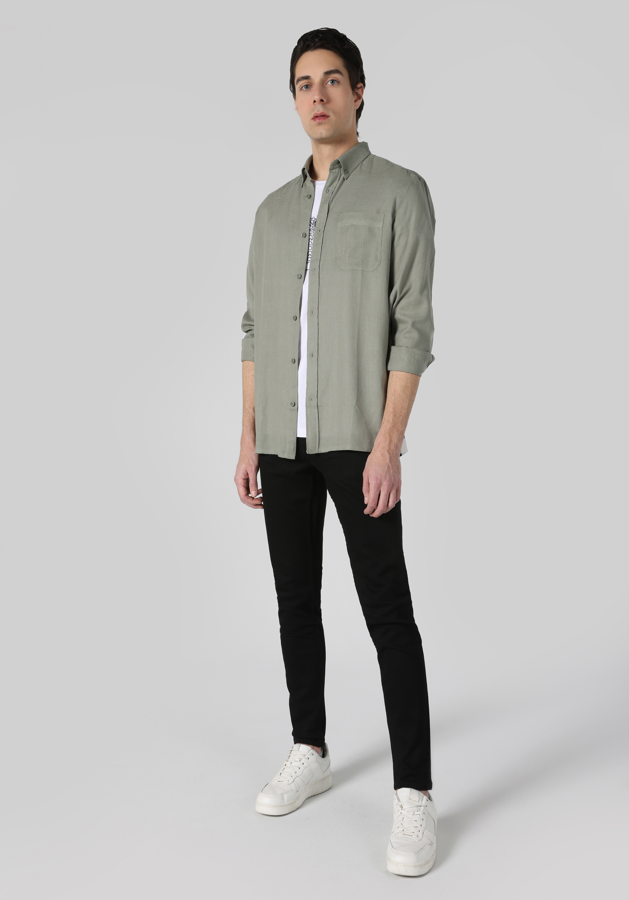 Regular Fit Shirt Neck Düz Erkek Yeşil Uzun Kol Gömlek Cl1062133