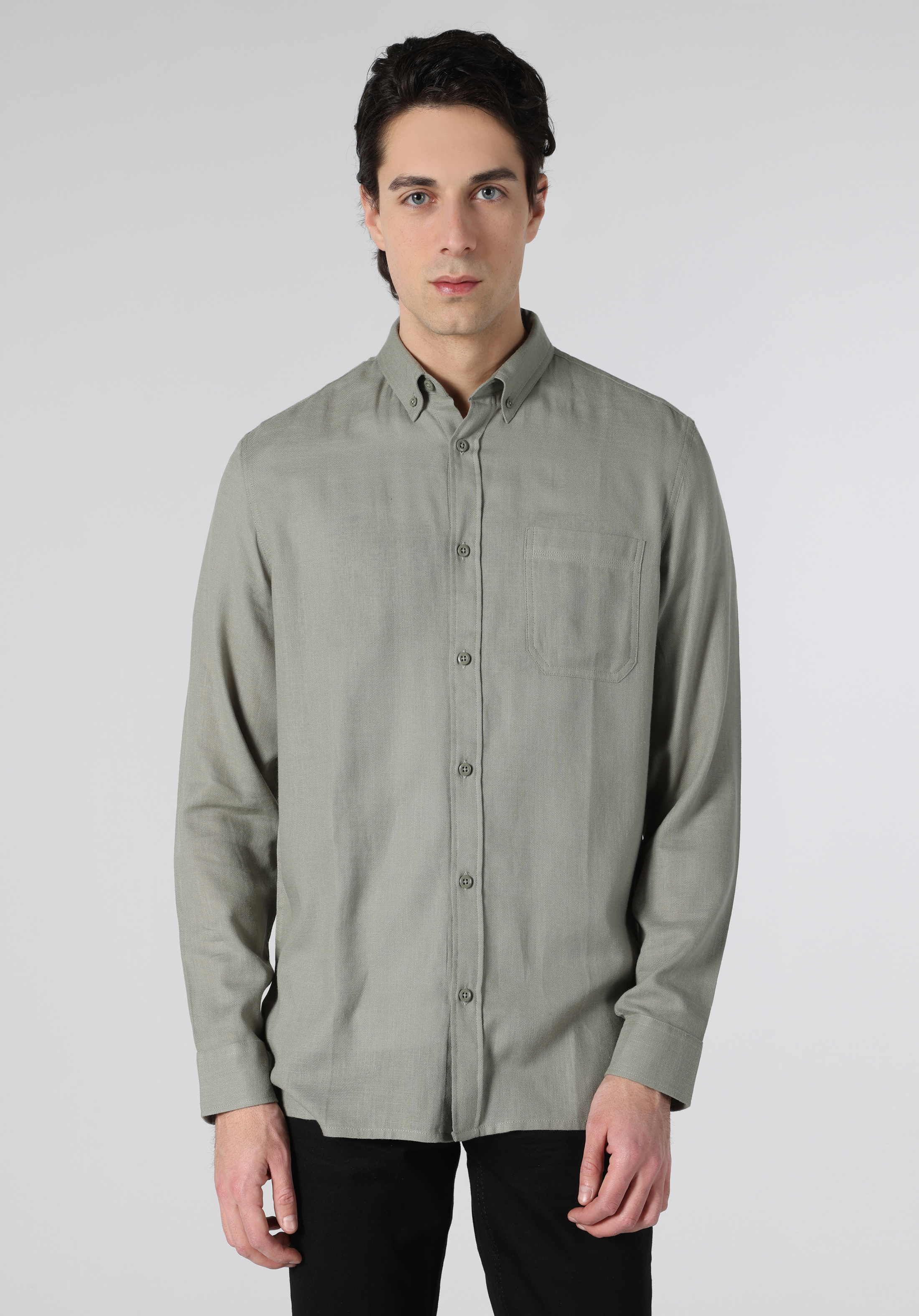 Regular Fit Shirt Neck Düz Erkek Yeşil Uzun Kol Gömlek Cl1062133