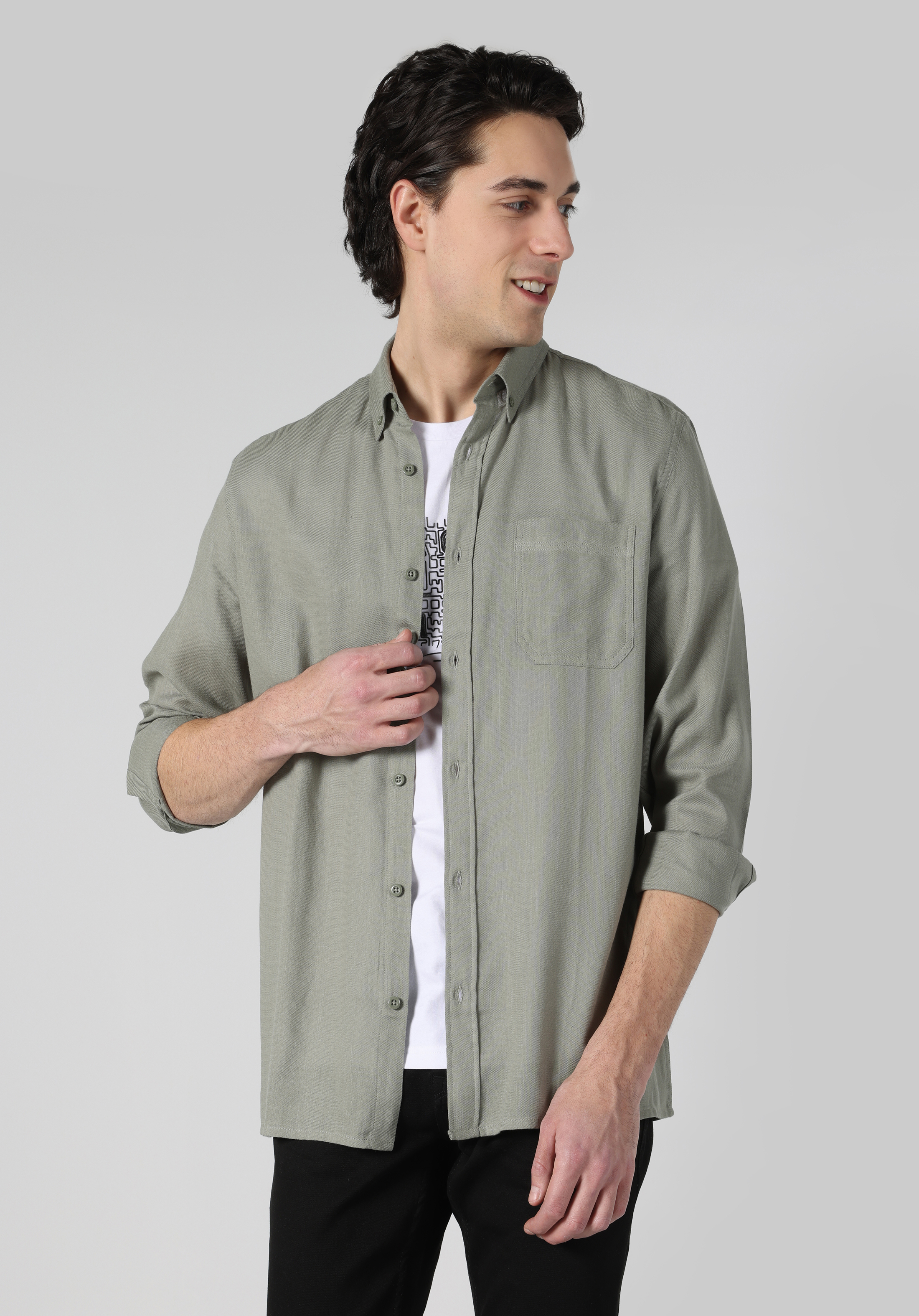 Regular Fit Shirt Neck Düz Erkek Yeşil Uzun Kol Gömlek Cl1062133