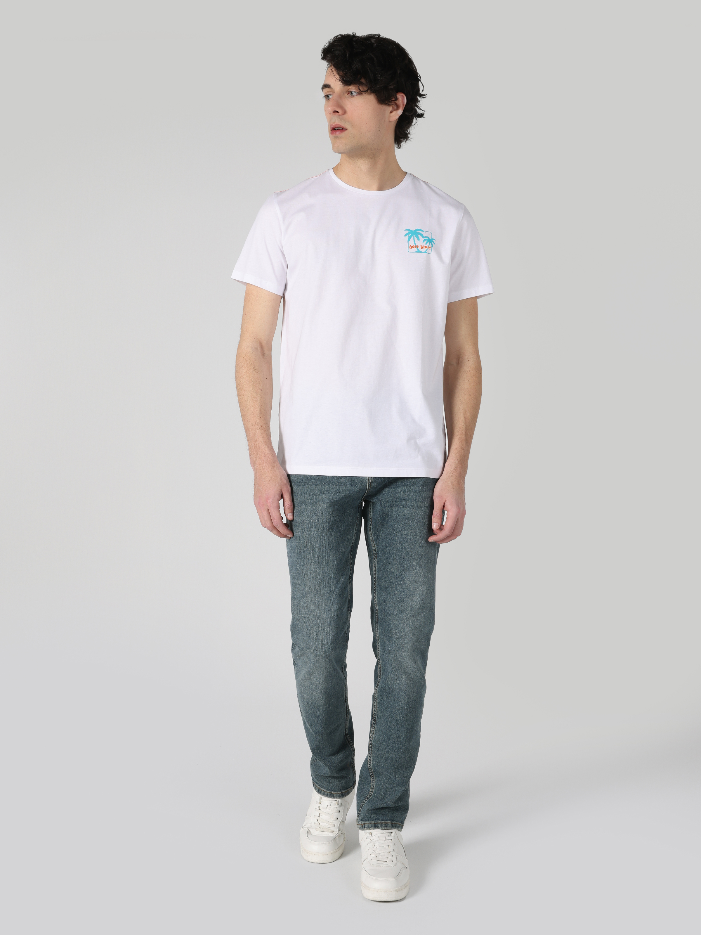 Regular Fit Yuvarlak Yaka Baskılı Erkek Beyaz Kısa Kol Tişört
