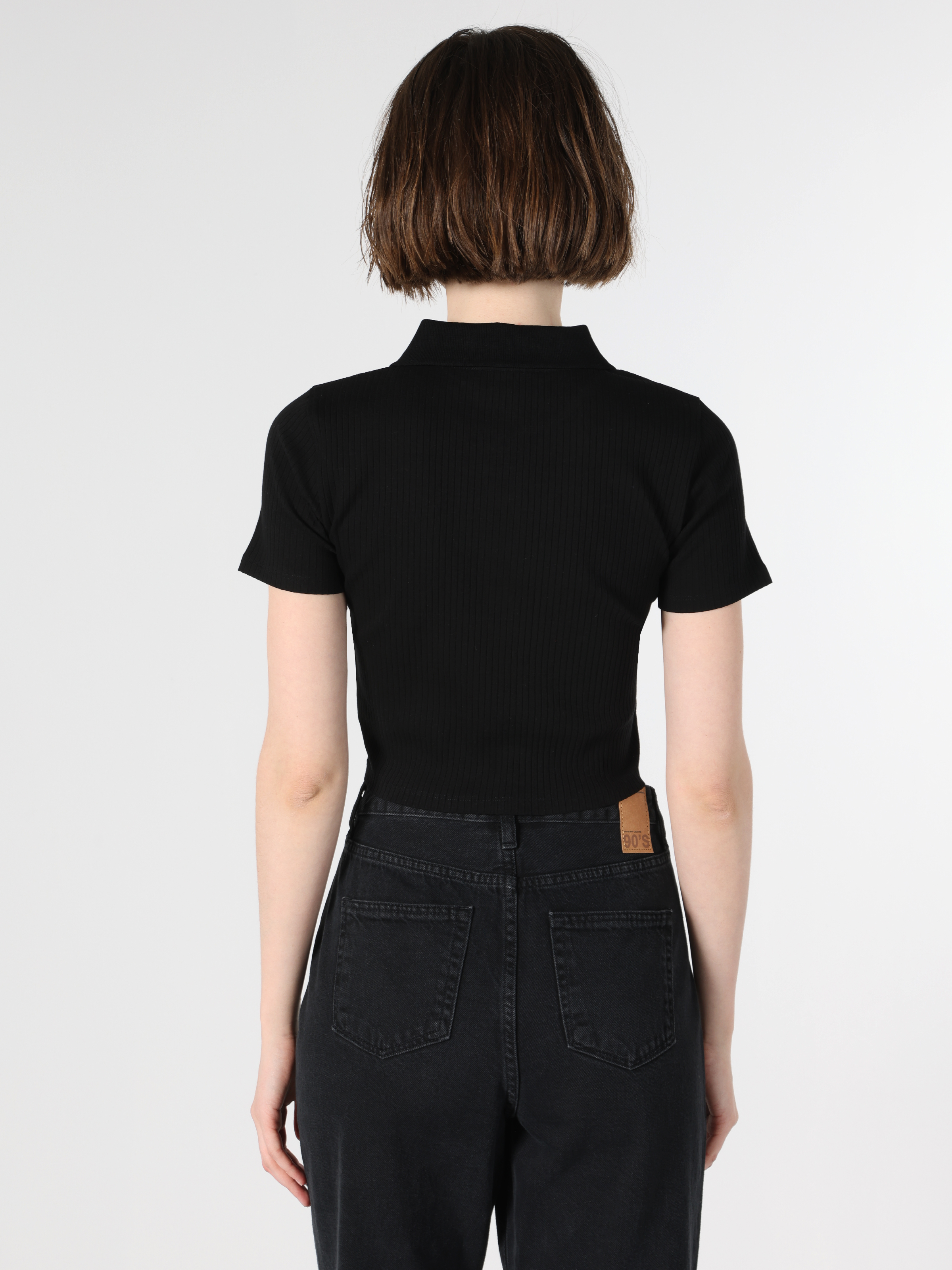 Slim Fit Polo Yaka Düz Kadın Siyah Kısa Kol Tişört