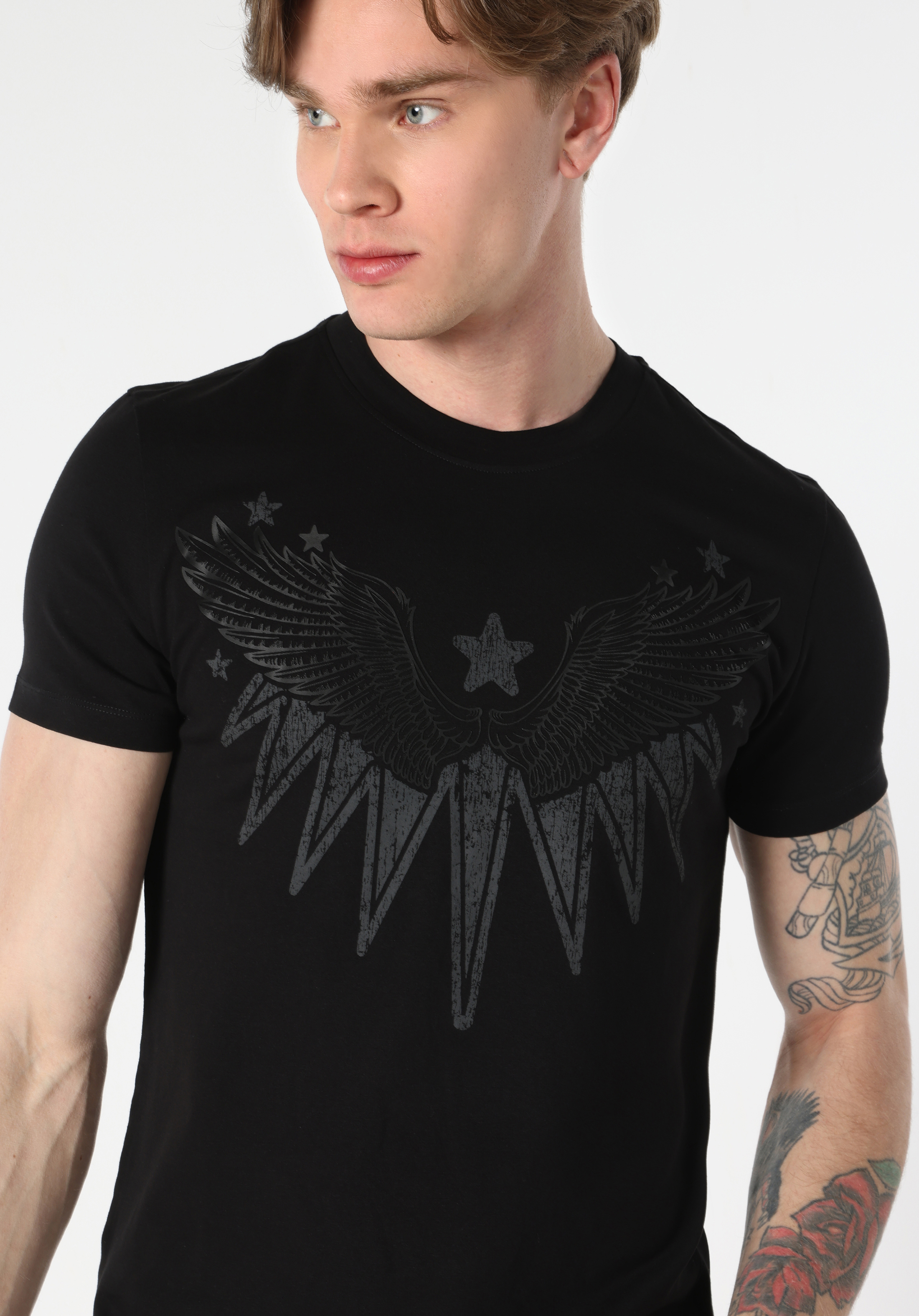 Slim Fit Yuvarlak Yaka Baskılı Erkek Siyah Kısa Kol Tişört