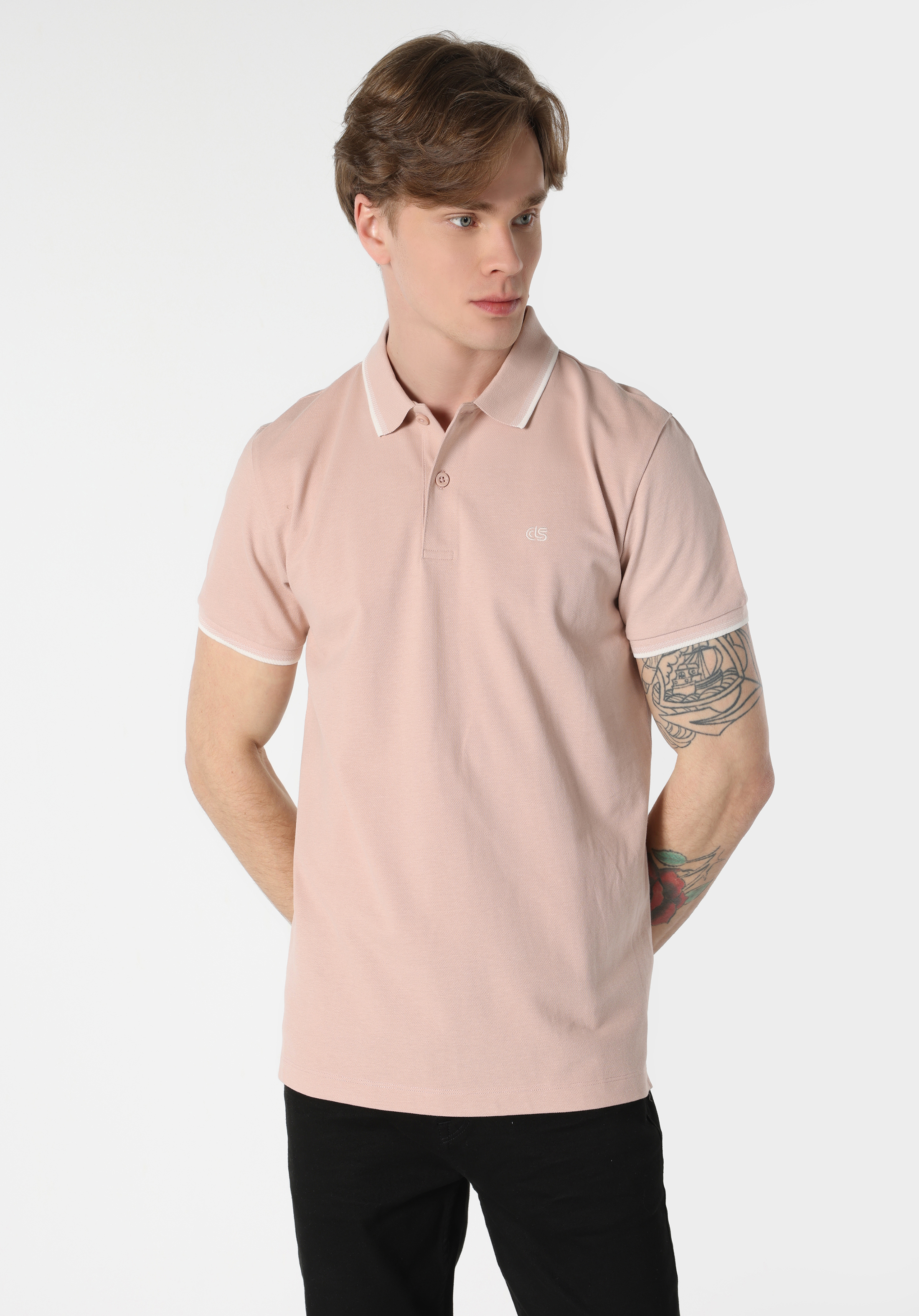 Regular Fit Polo Yaka Düz Erkek Pembe Kısa Kol Tişört