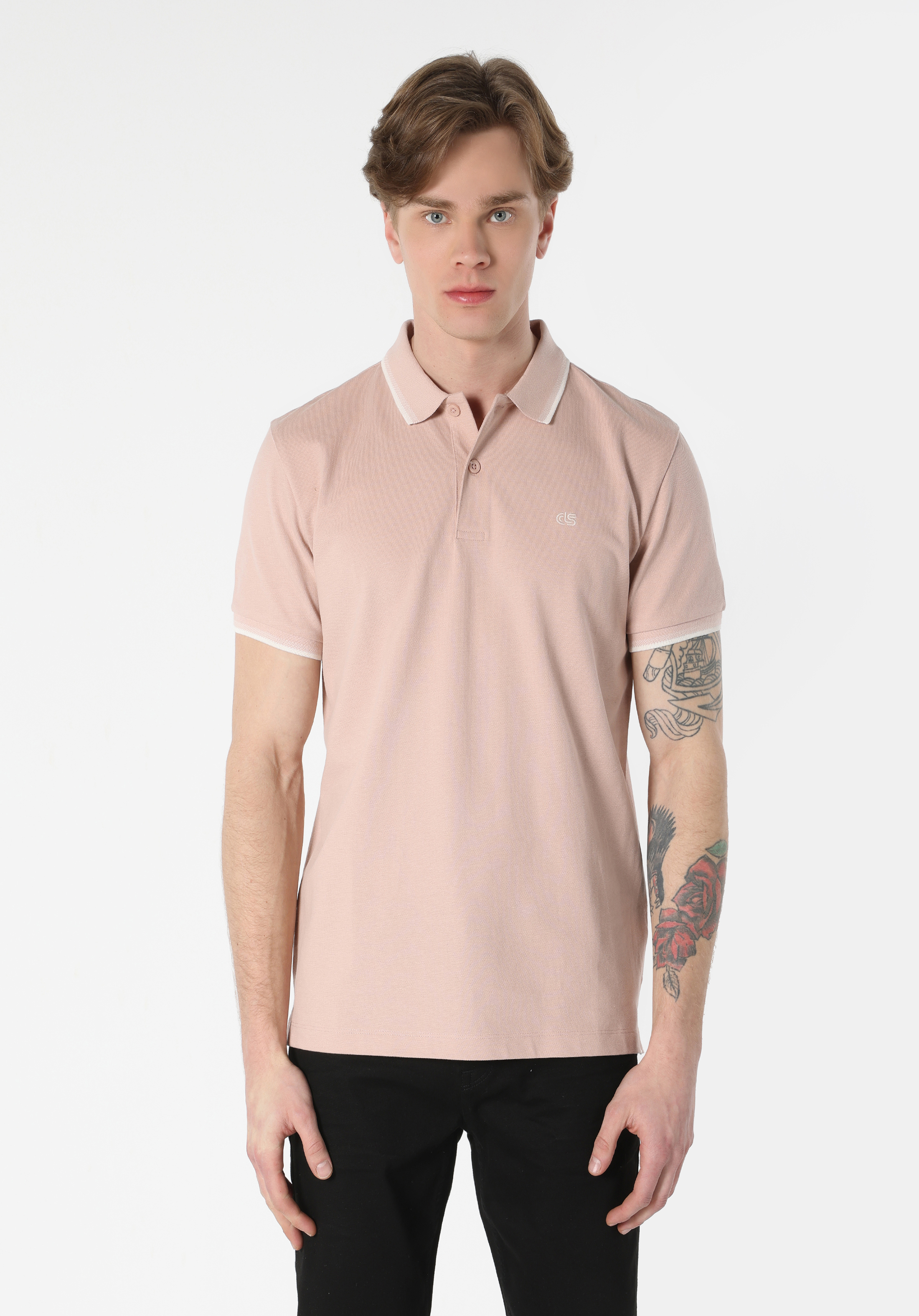 Regular Fit Polo Yaka Düz Erkek Pembe Kısa Kol Tişört