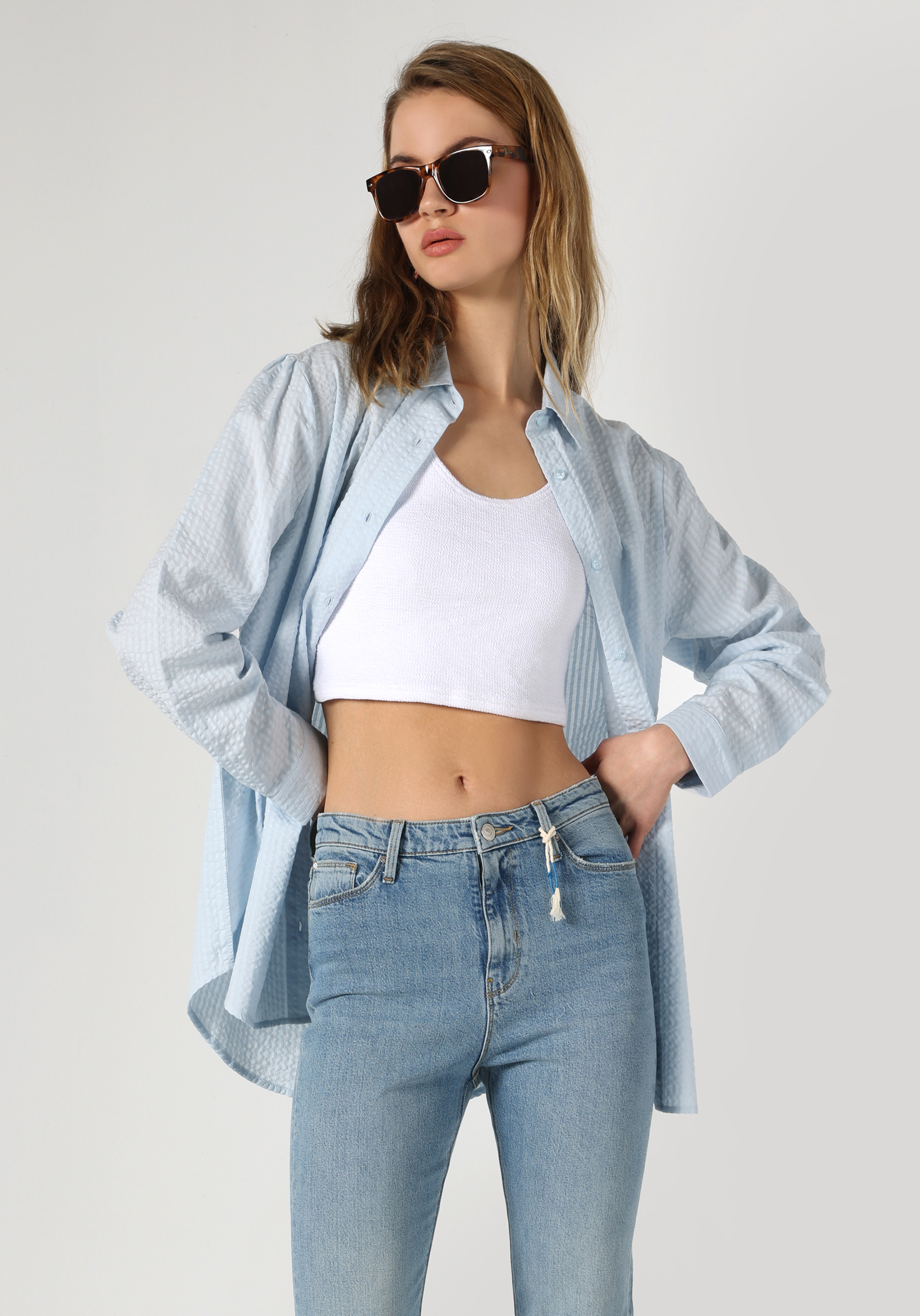 Relaxed Fit Shirt Neck Düz Kadın Mavi Uzun Kol Gömlek