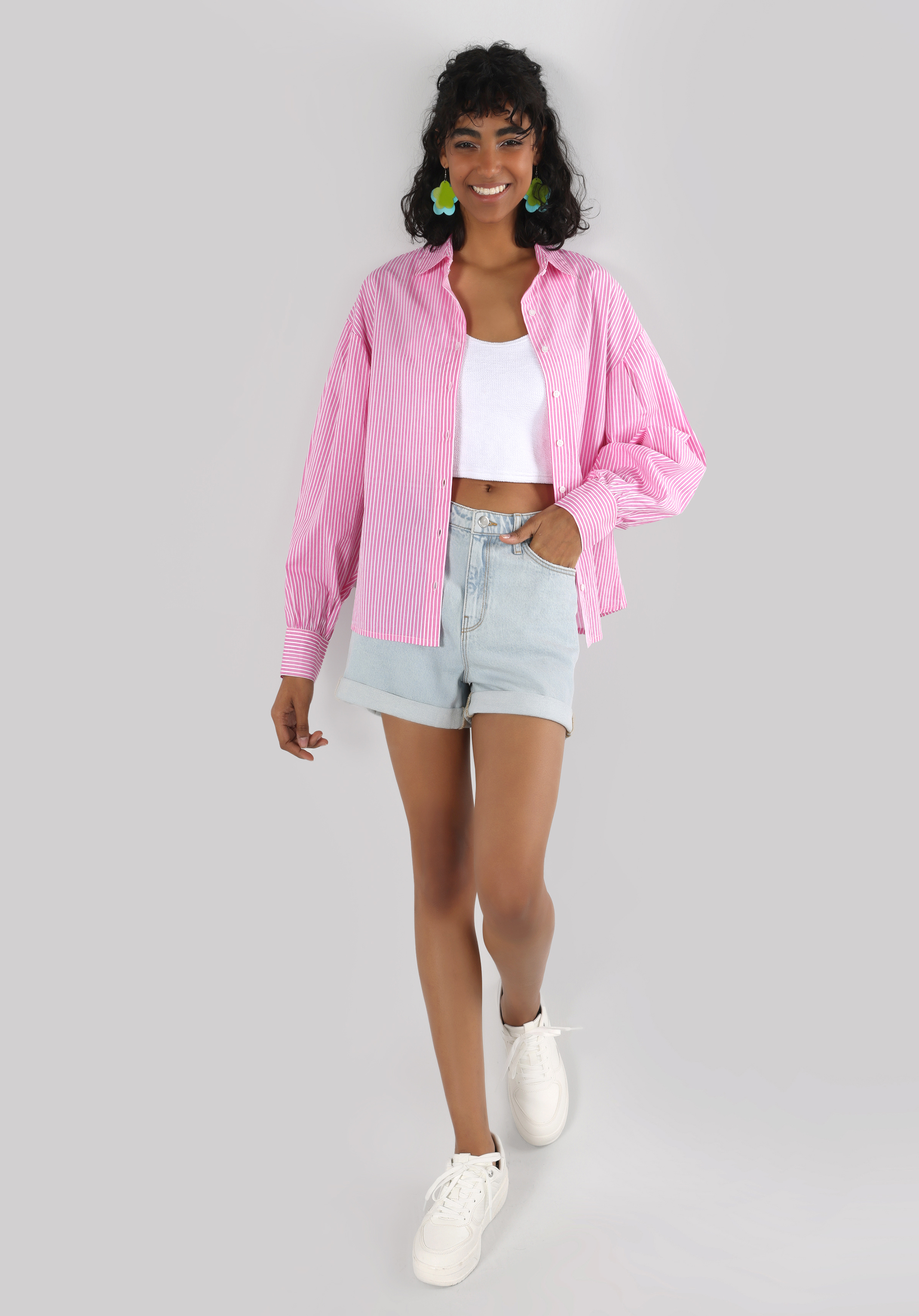 Regular Fit Shirt Neck  Kadın Pembe Uzun Kol Gömlek
