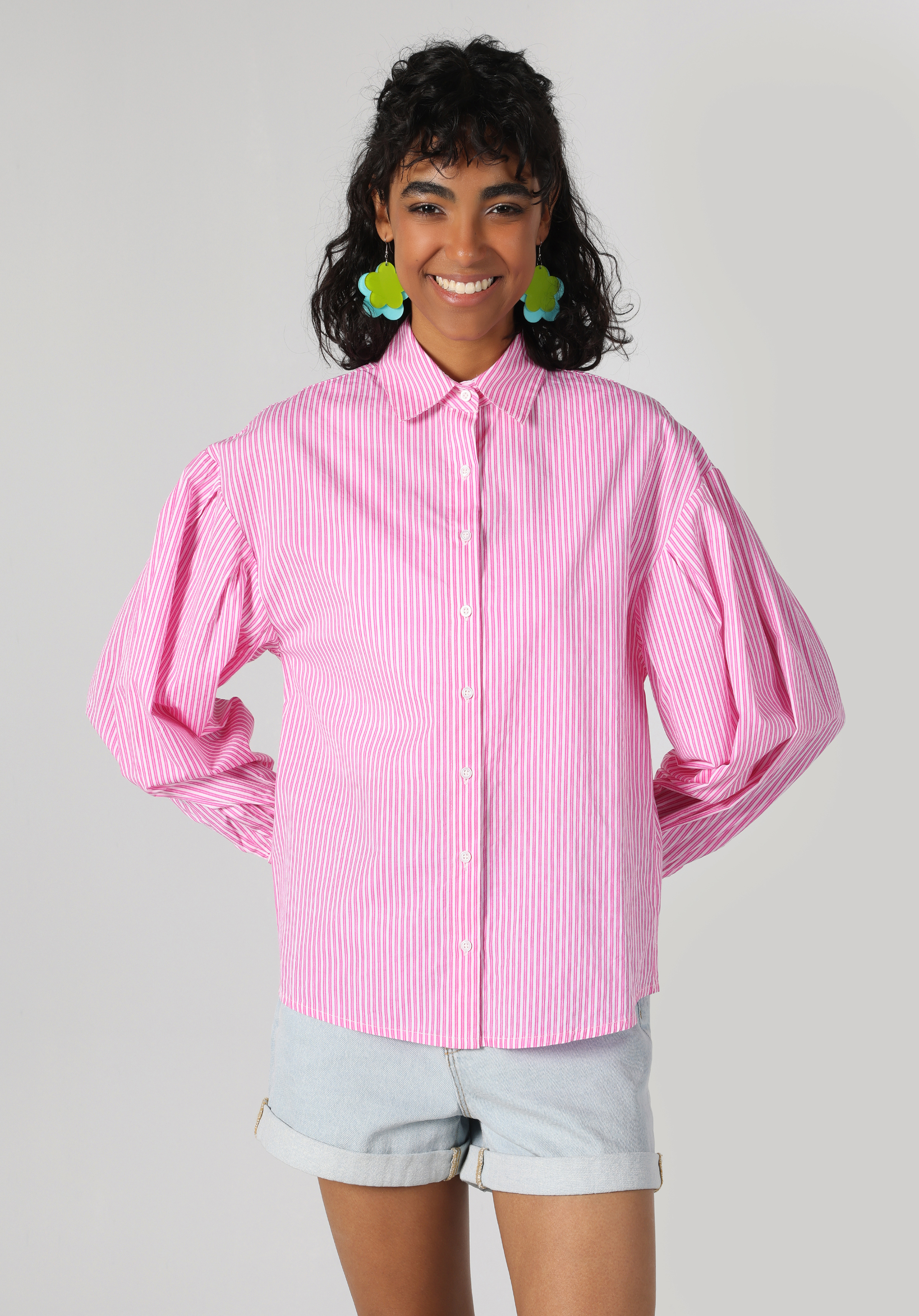 Regular Fit Shirt Neck  Kadın Pembe Uzun Kol Gömlek