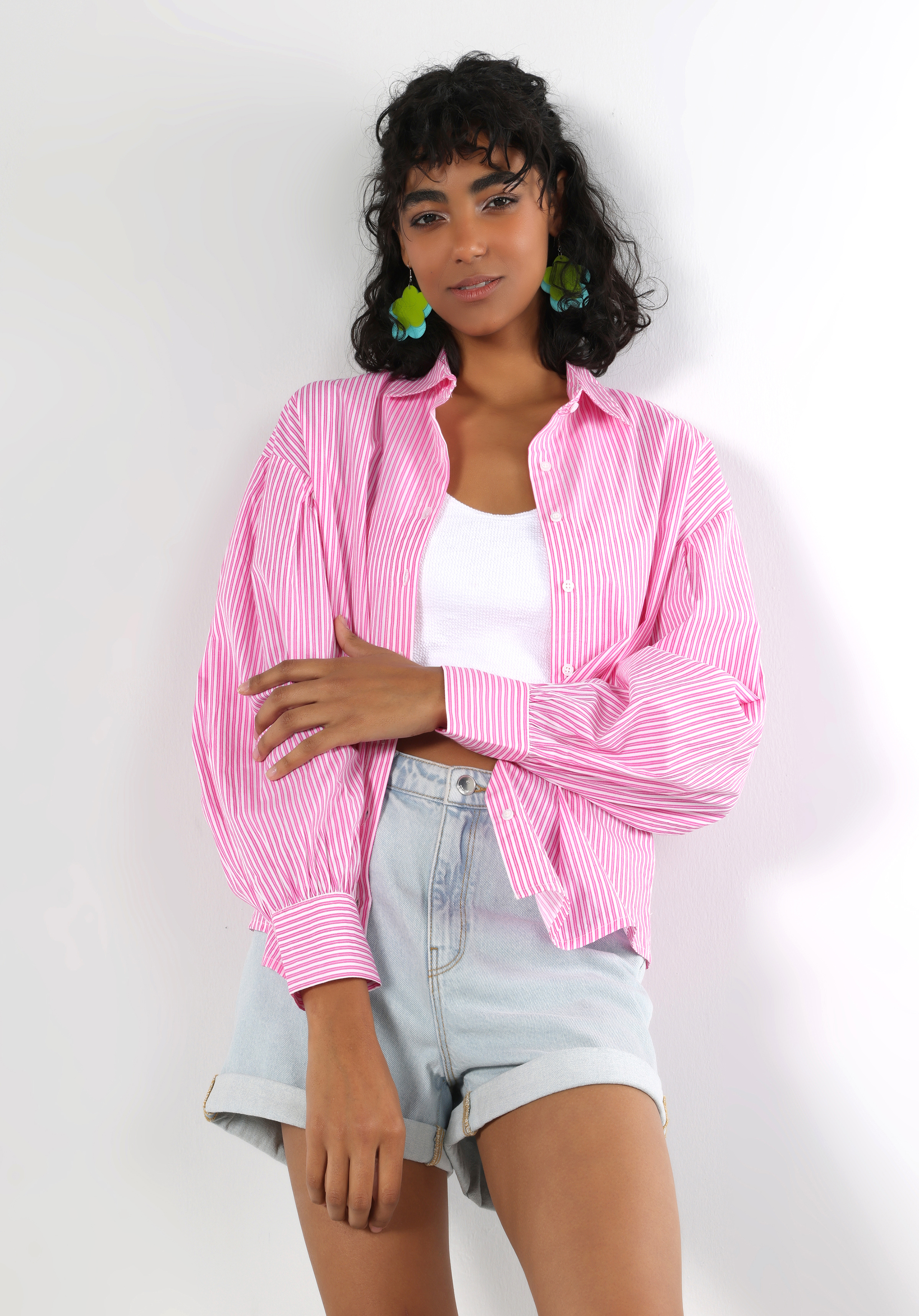 Regular Fit Shirt Neck  Kadın Pembe Uzun Kol Gömlek