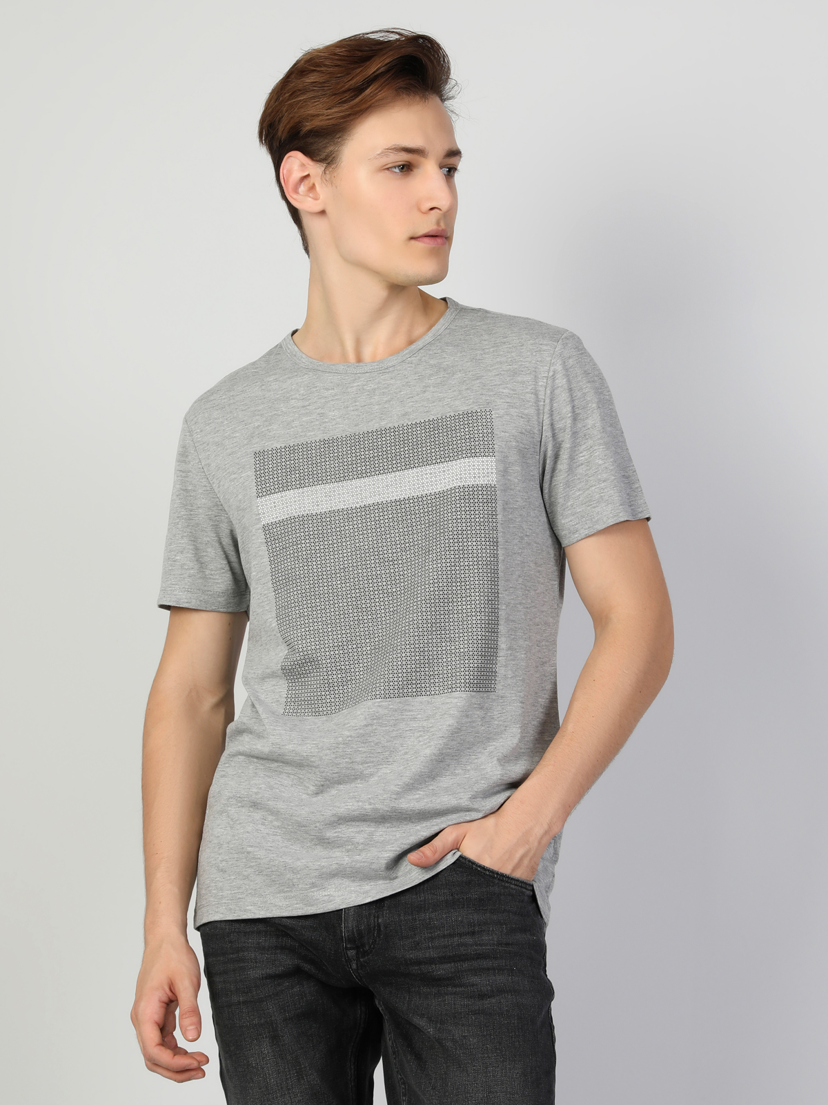 Regular Fit Bisiklet Yaka Örme Erkek Gri Melanj Kısa Kol Tişört