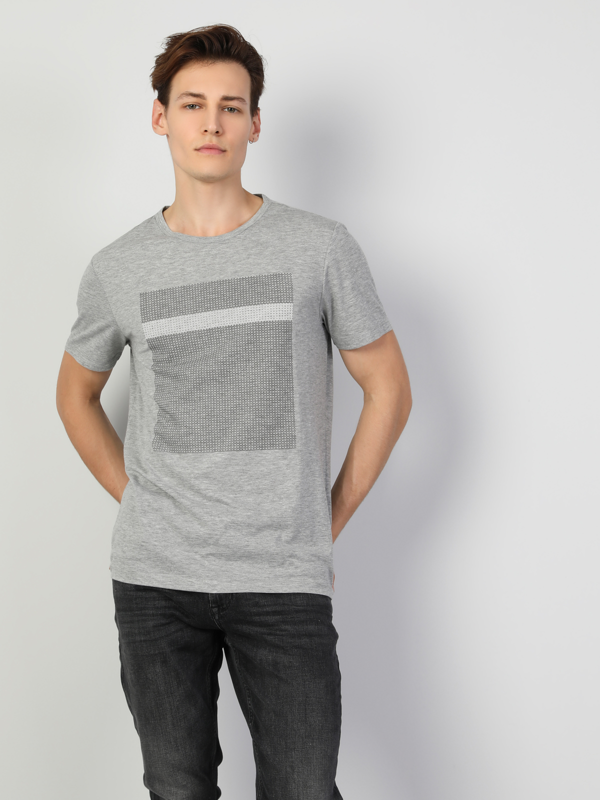 Regular Fit Bisiklet Yaka Örme Erkek Gri Melanj Kısa Kol Tişört