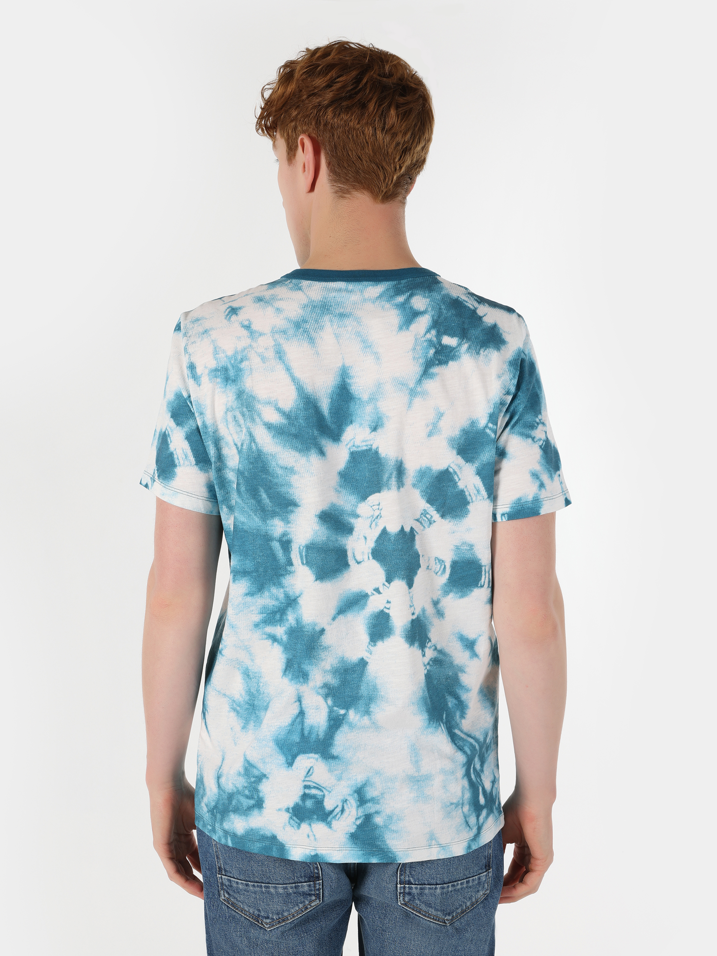Regular Fit Yuvarlak Yaka Batik Erkek Mavi Kısa Kol Tişört