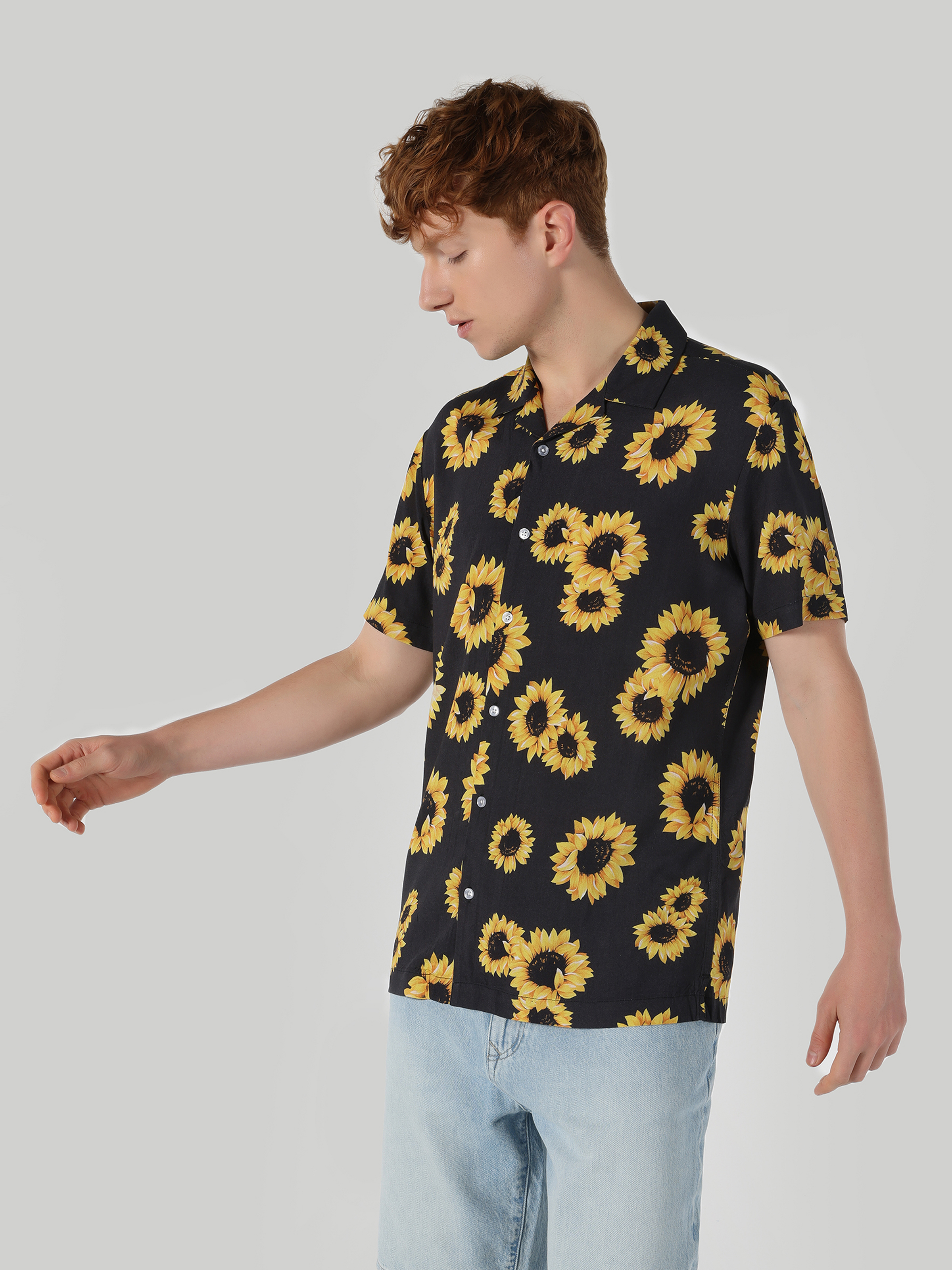 Regular Fit Shirt Neck Baskılı Erkek Antrasit Kısa Kol Gömlek