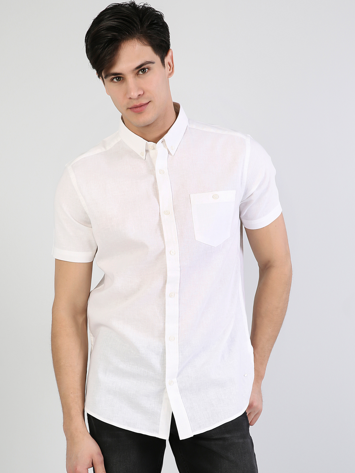Regular Fit Shirt Neck Erkek Beyaz Kısa Kol Gömlek