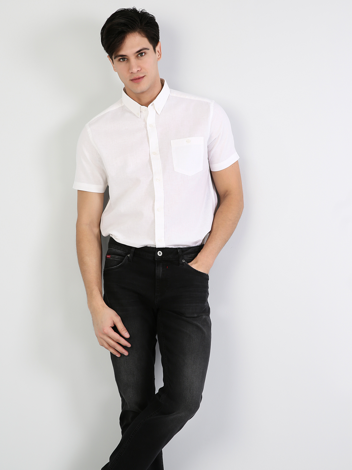 Regular Fit Shirt Neck Erkek Beyaz Kısa Kol Gömlek