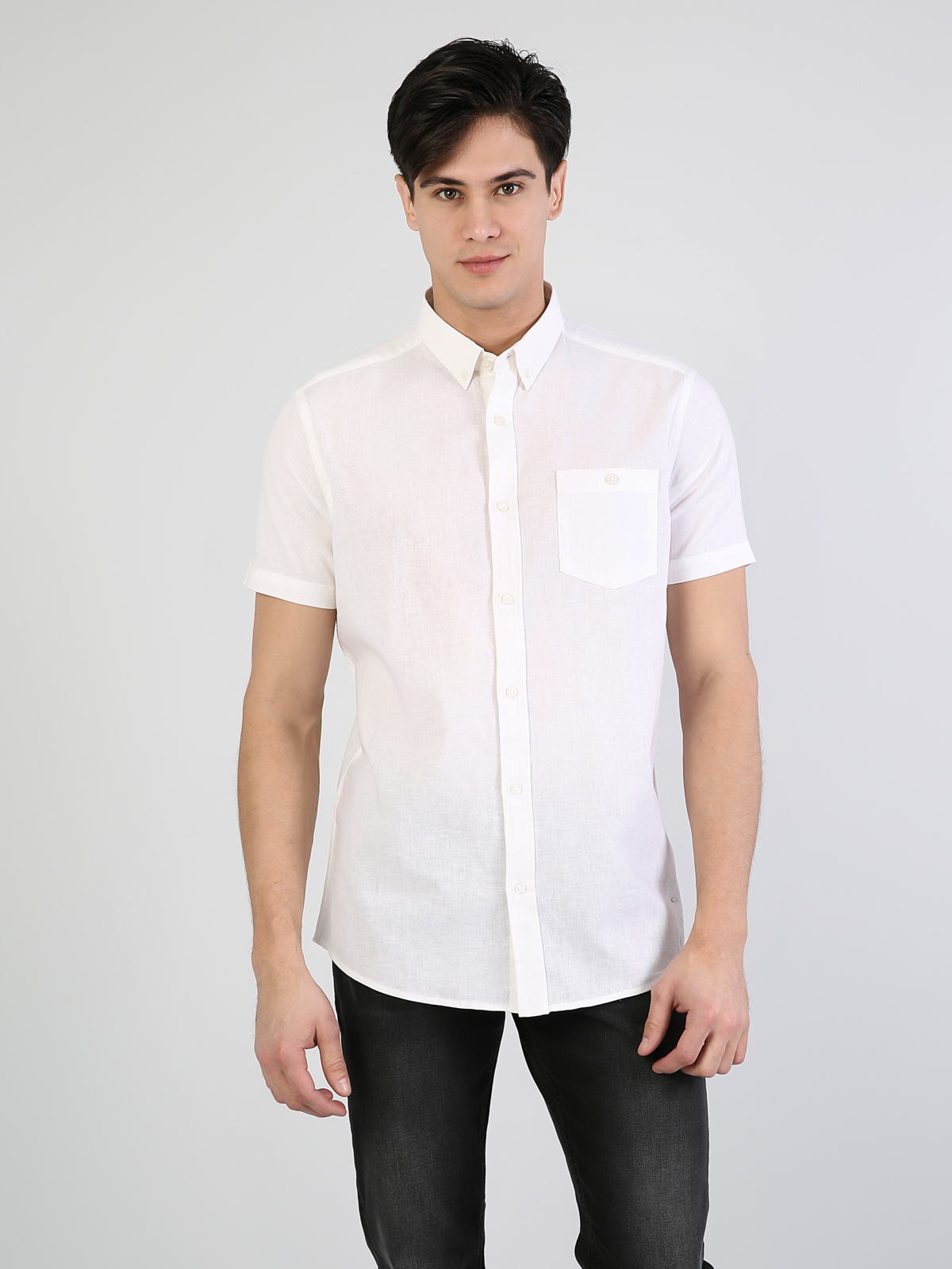 Regular Fit Shirt Neck Erkek Beyaz Kısa Kol Gömlek