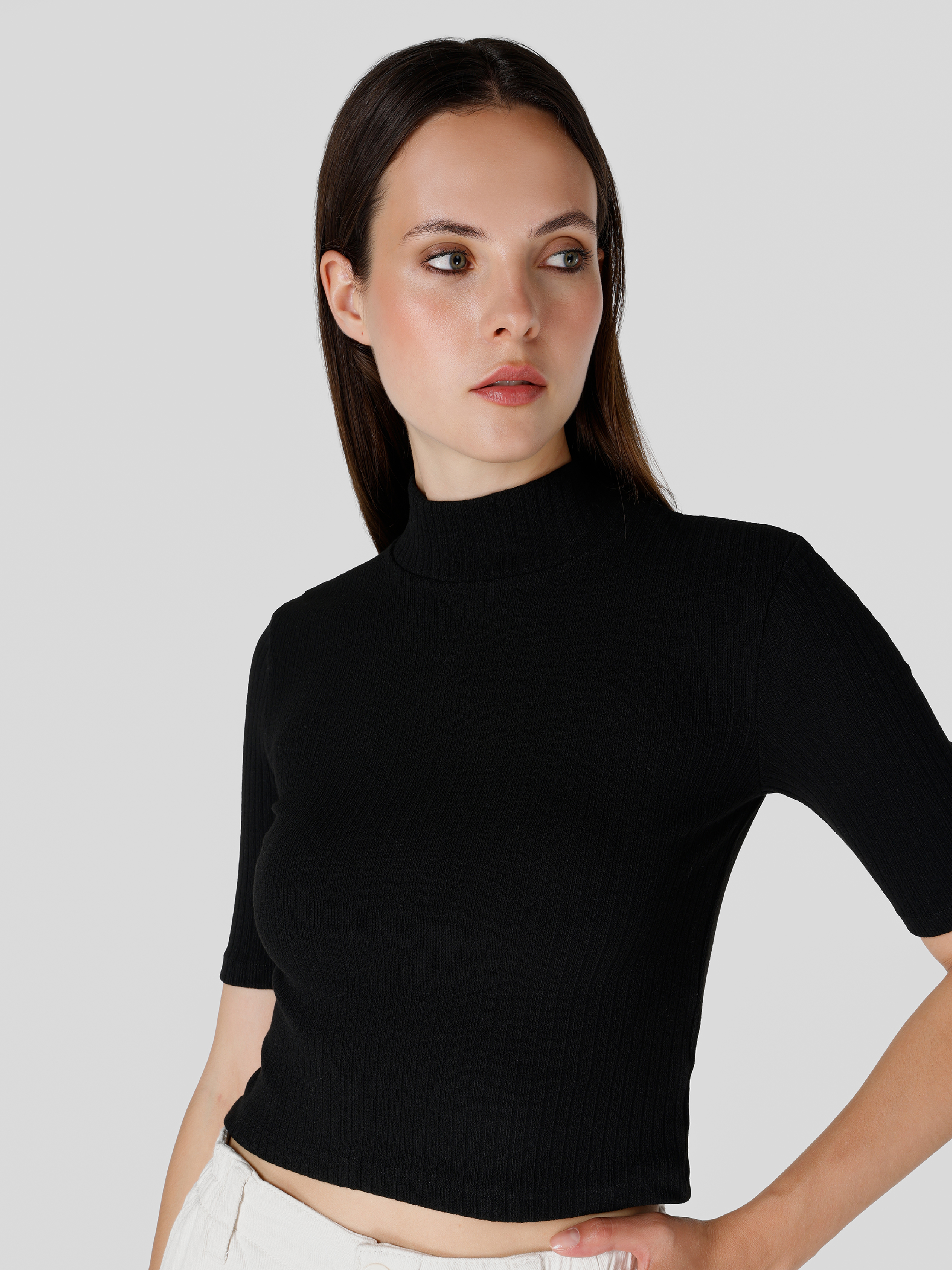 Slim Fit Yarım Balıkçı Yaka  Kadın Siyah Kısa Kol Tişört