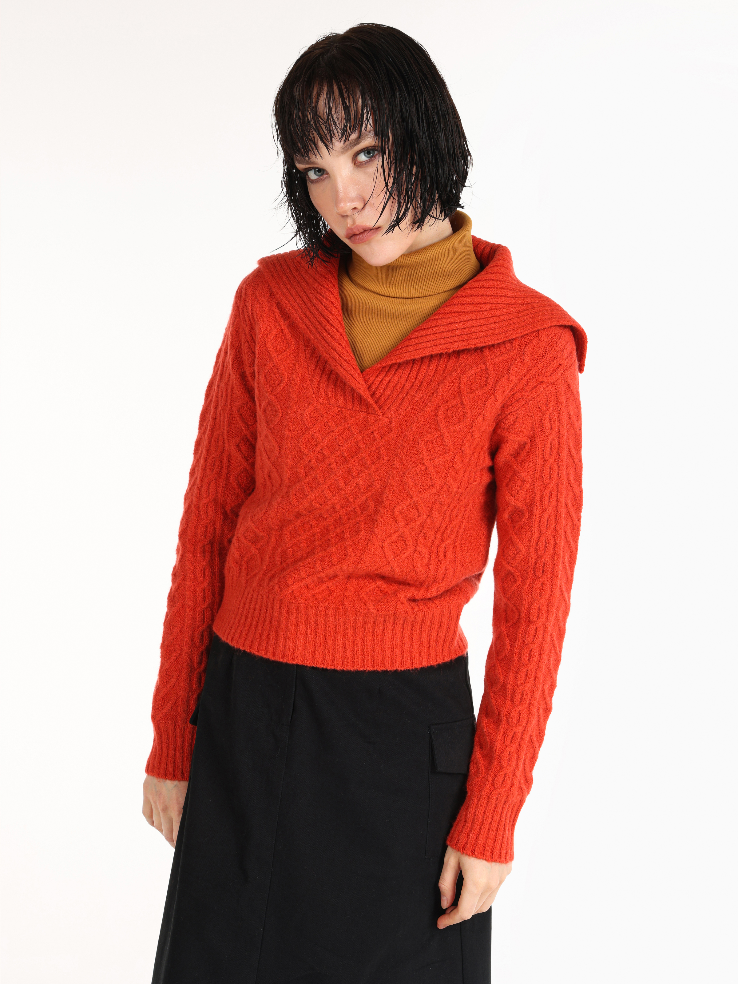 Slim Fit Sal Yaka Düz Kadın Bordo Kazak