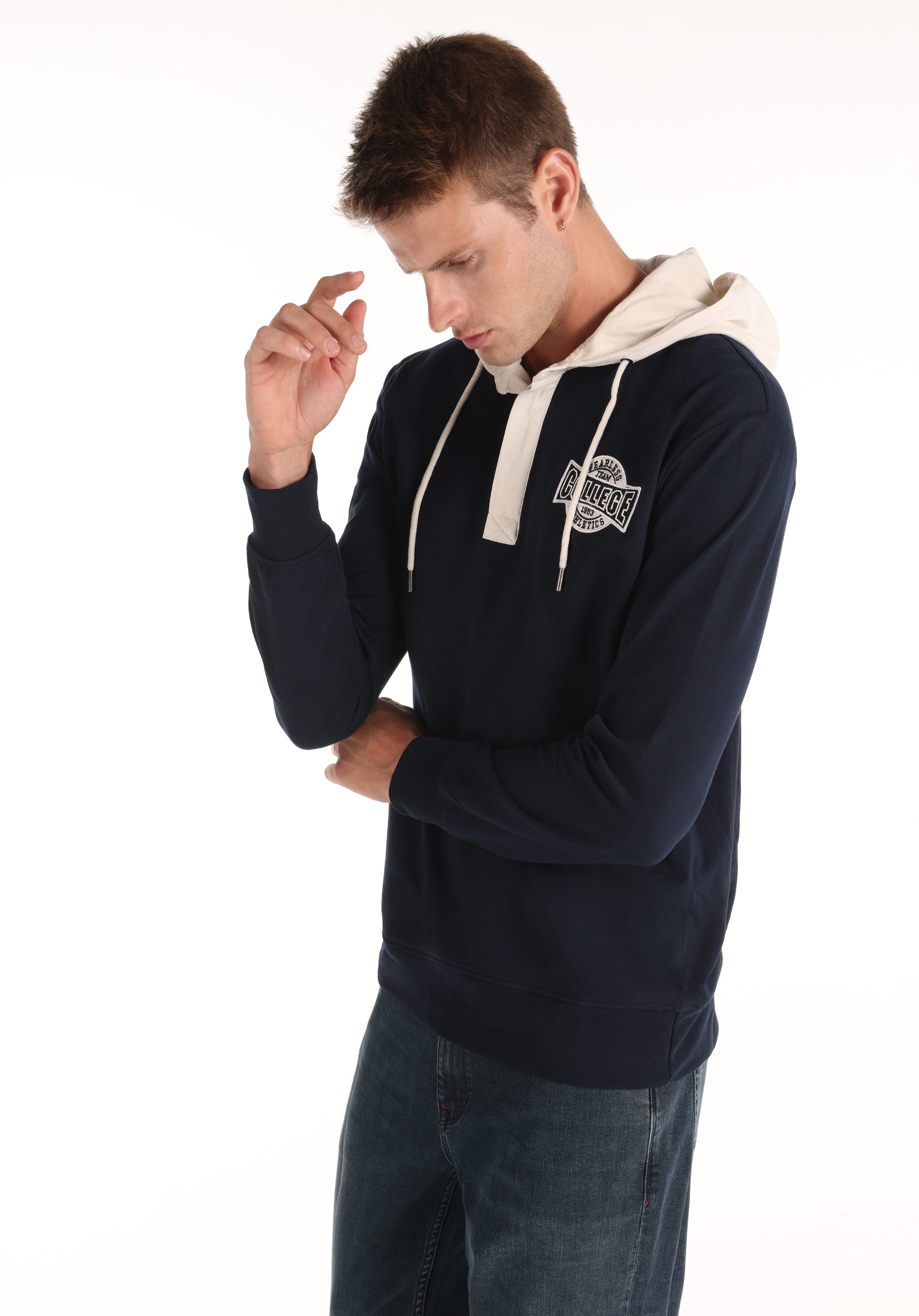 Regular Fit Kapüşonlu Düz Erkek Lacivert Uzun Kol Tişört