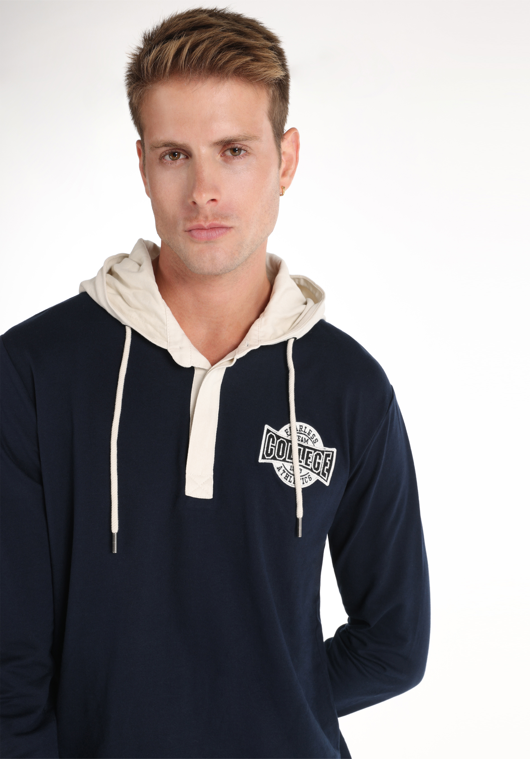 Regular Fit Kapüşonlu Düz Erkek Lacivert Uzun Kol Tişört