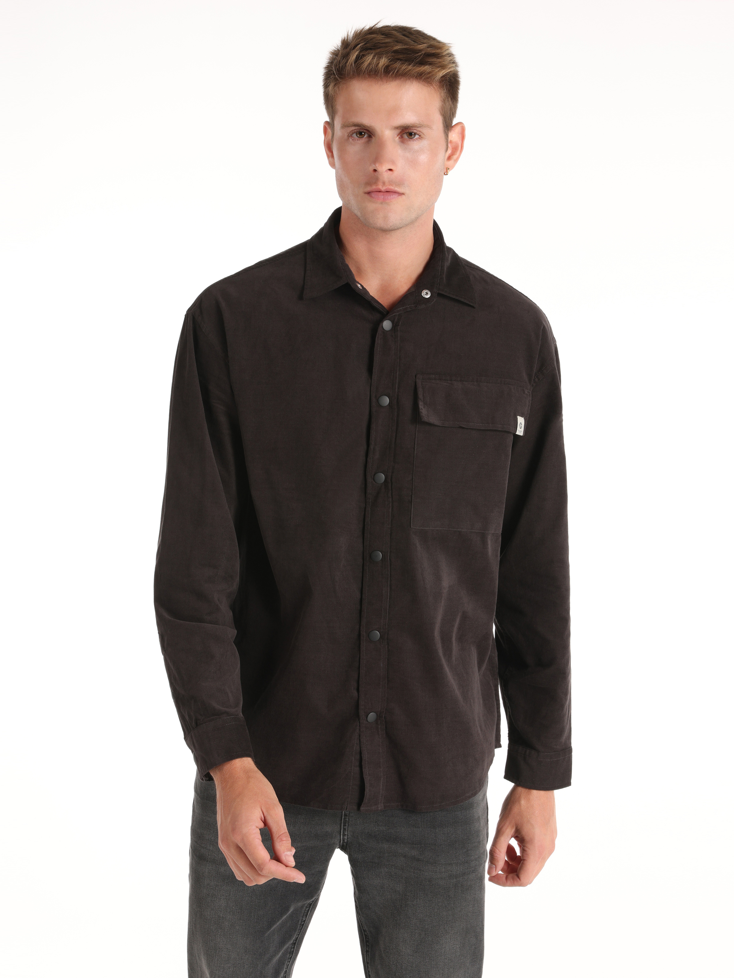 Comfort Fit Shirt Neck Düz Erkek Antrasit Uzun Kol Gömlek
