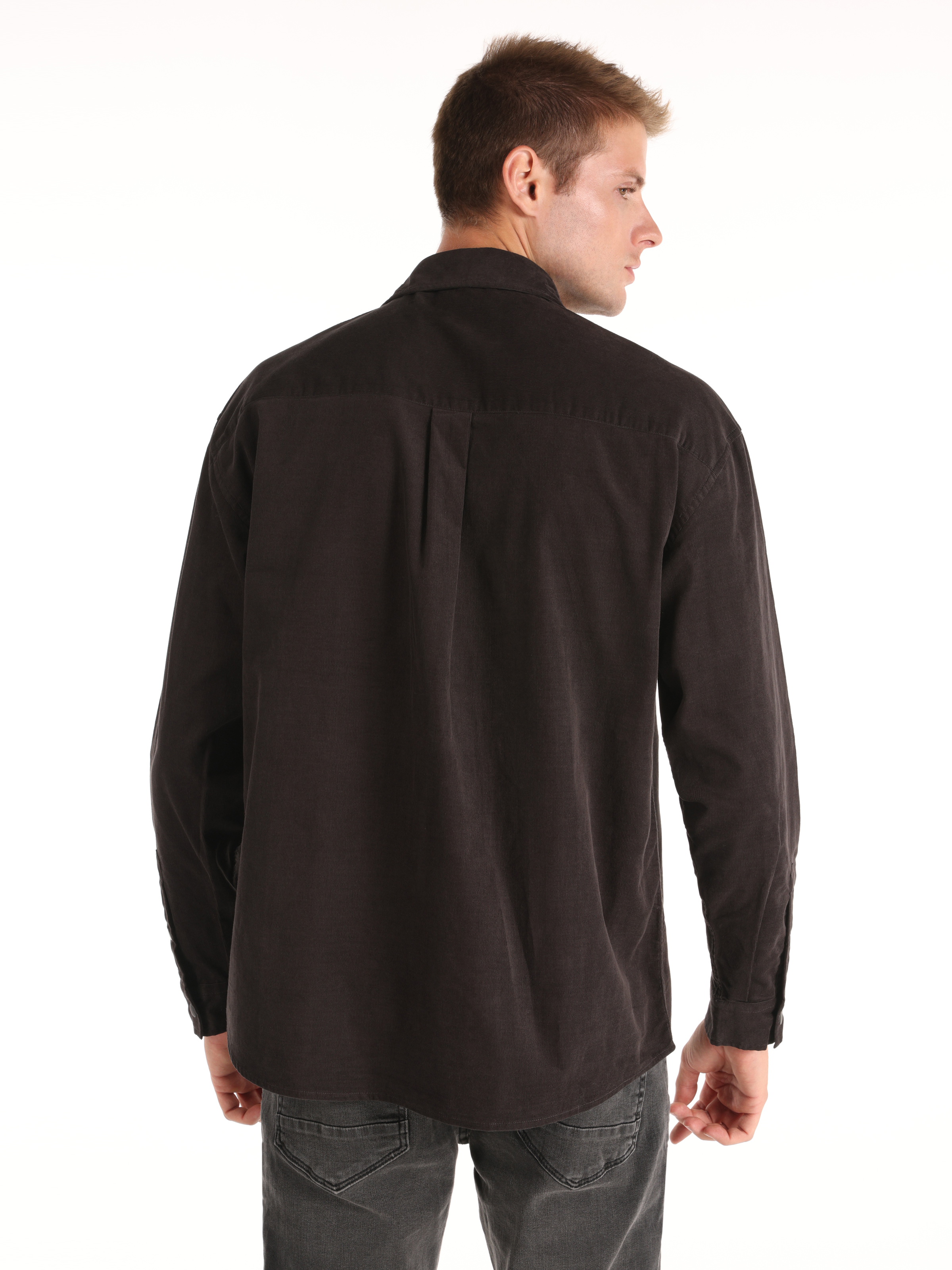 Comfort Fit Shirt Neck Düz Erkek Antrasit Uzun Kol Gömlek