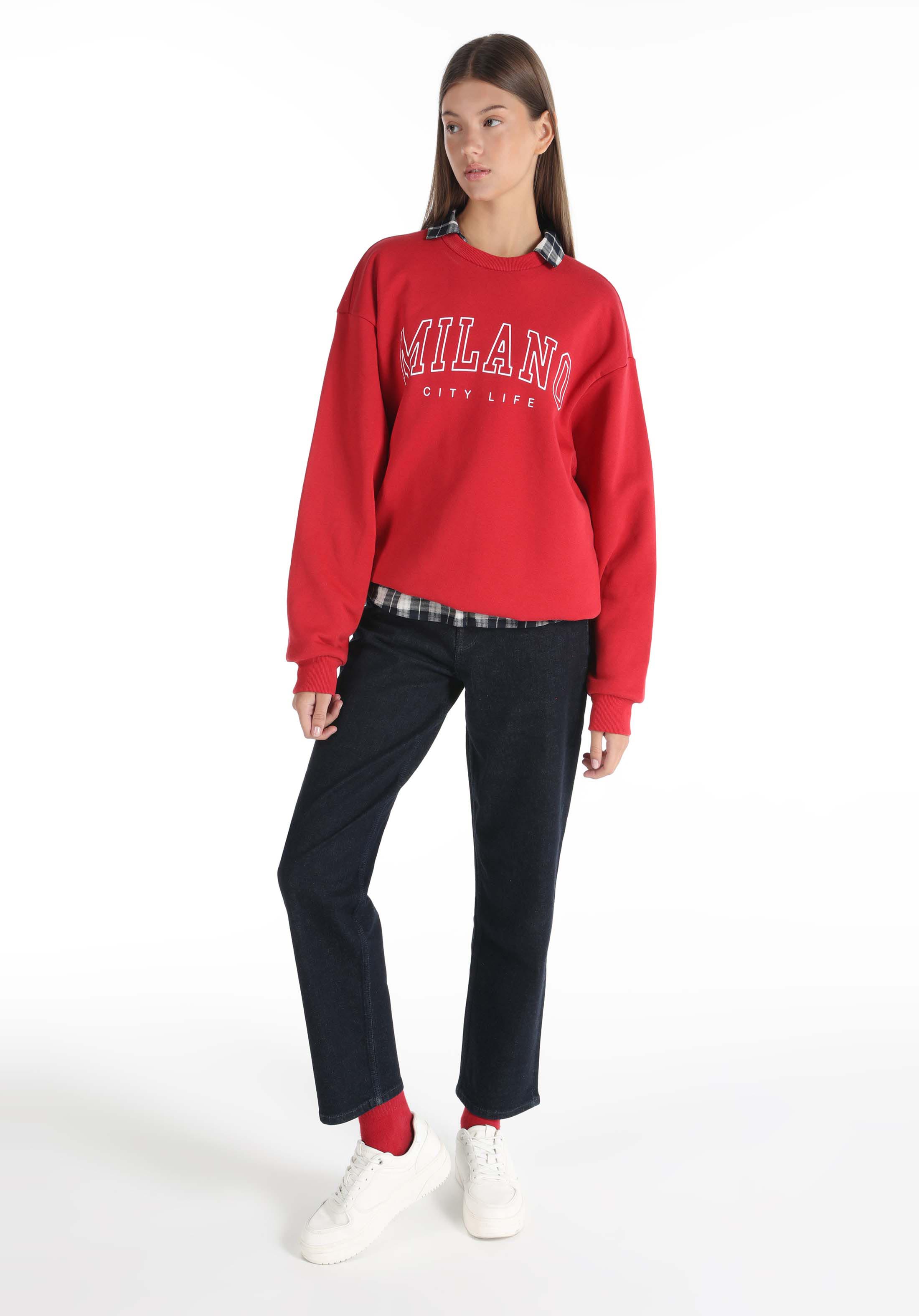 Comfort Fit Yuvarlak Yaka Baskılı Kadın Kirmizi Sweatshirt