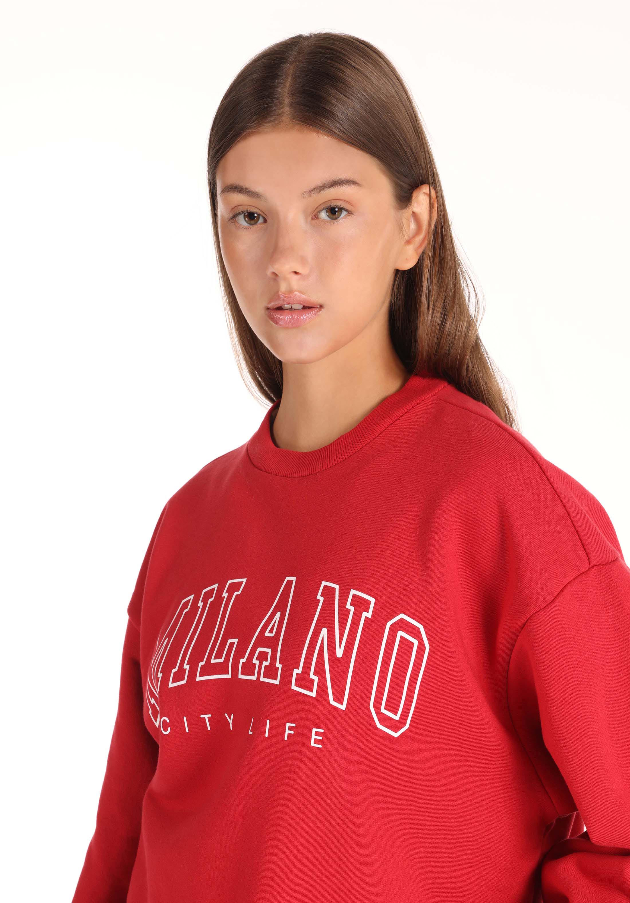 Comfort Fit Yuvarlak Yaka Baskılı Kadın Kirmizi Sweatshirt