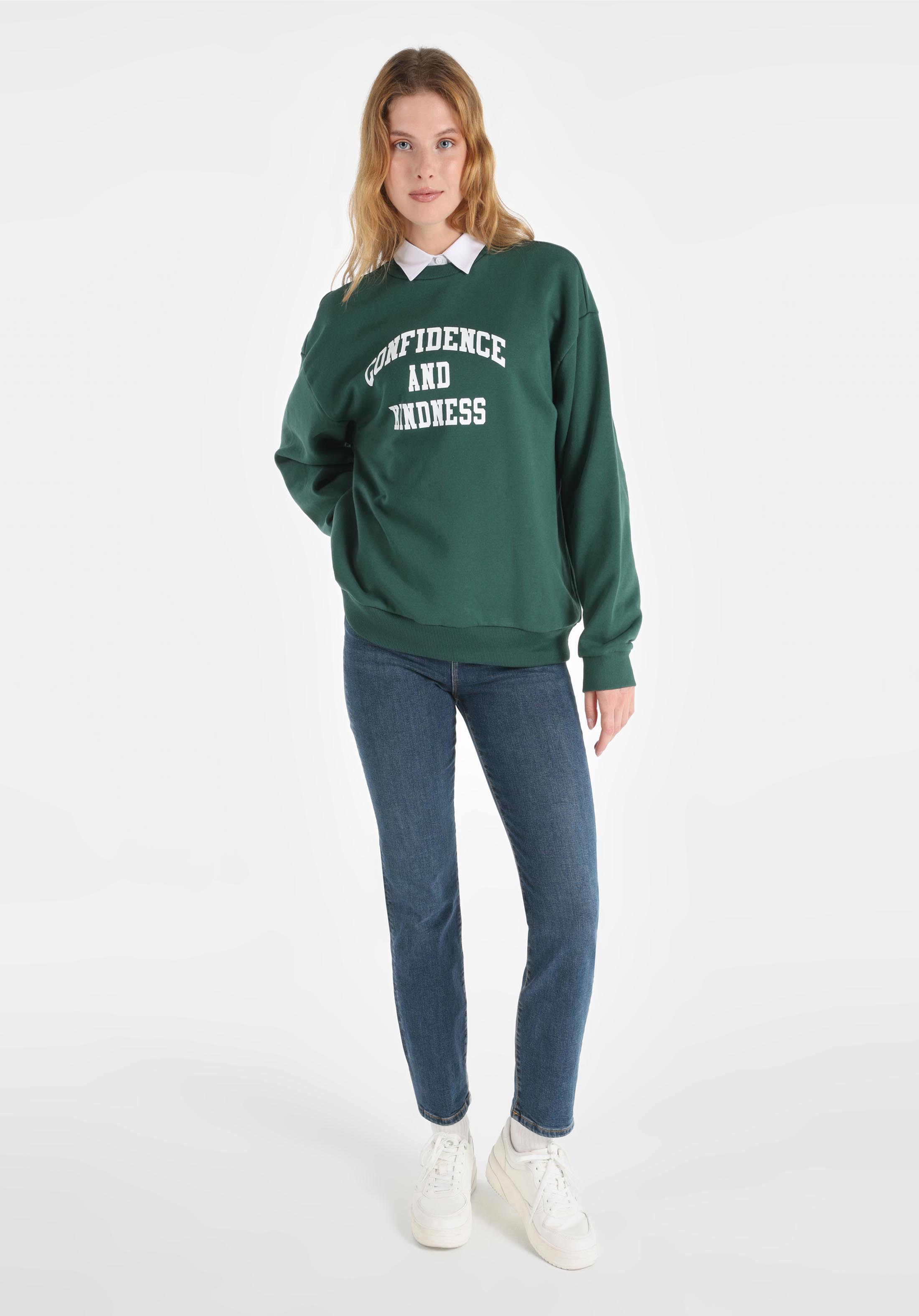 Comfort Fit Yuvarlak Yaka Baskılı Kadın Yeşil Sweatshirt
