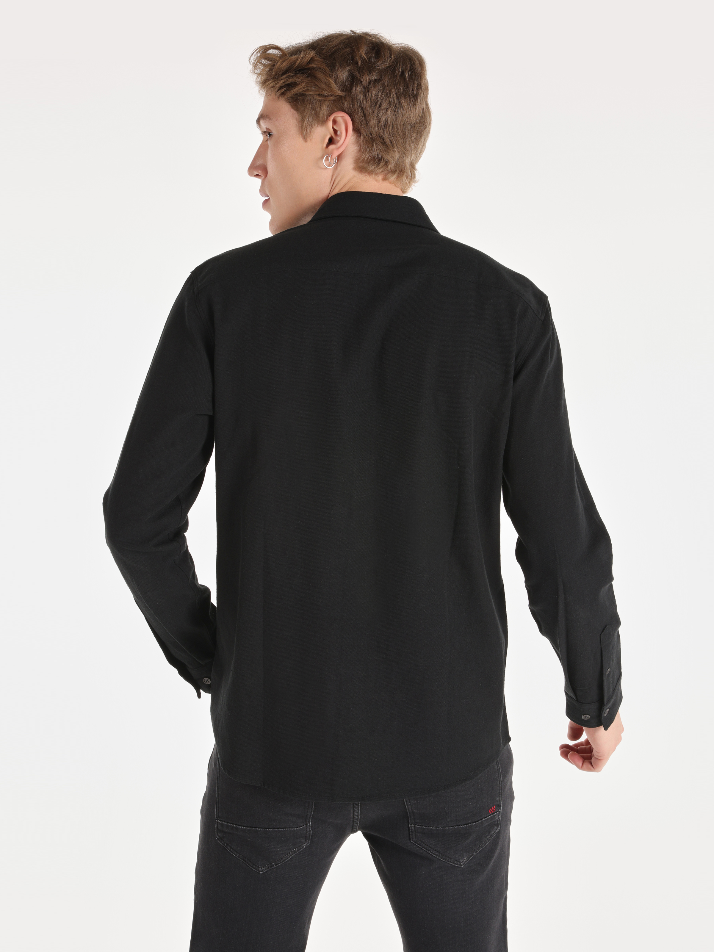 Regular Fit Shirt Neck Düz Erkek Siyah Uzun Kol Gömlek