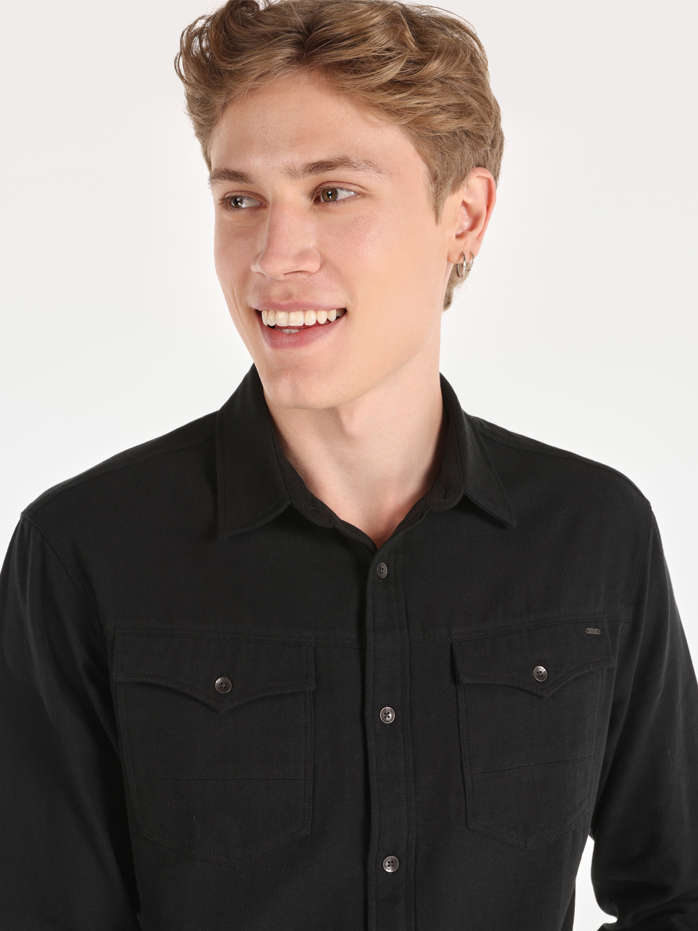 Regular Fit Shirt Neck Düz Erkek Siyah Uzun Kol Gömlek