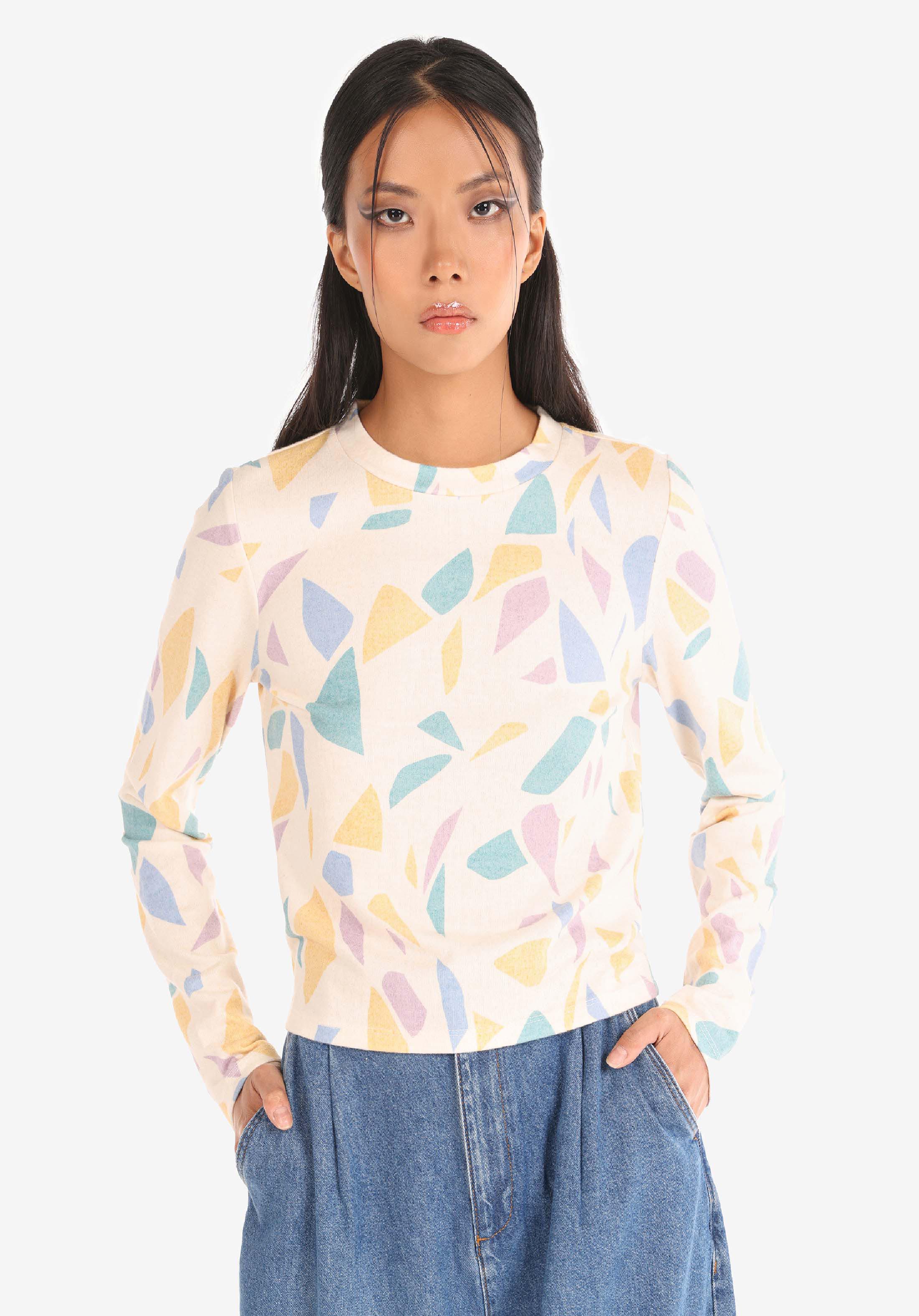 Slim Fit Yuvarlak Yaka Baskılı Kadın Çok Renkli Uzun Kol Tişört