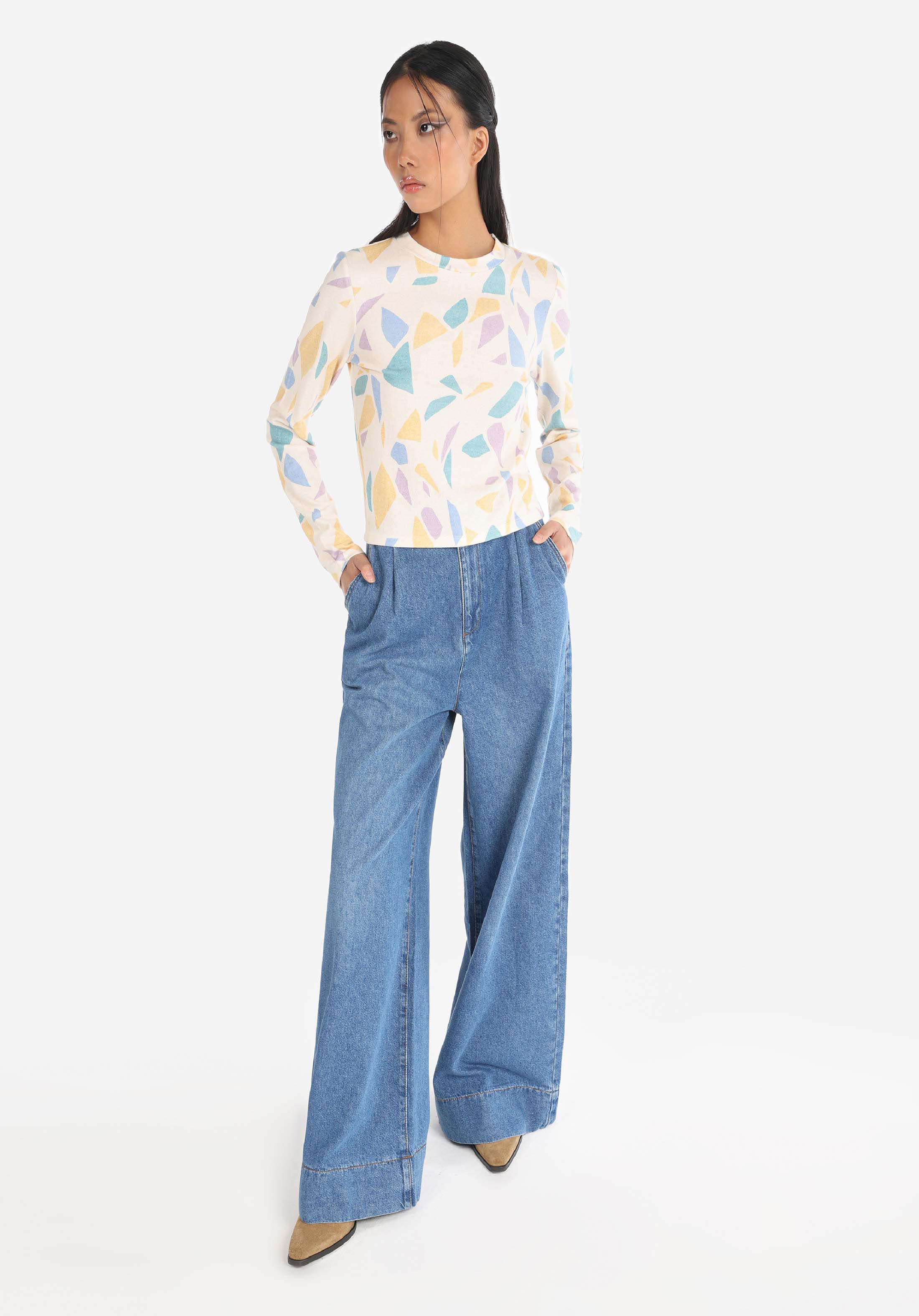 Slim Fit Yuvarlak Yaka Baskılı Kadın Çok Renkli Uzun Kol Tişört