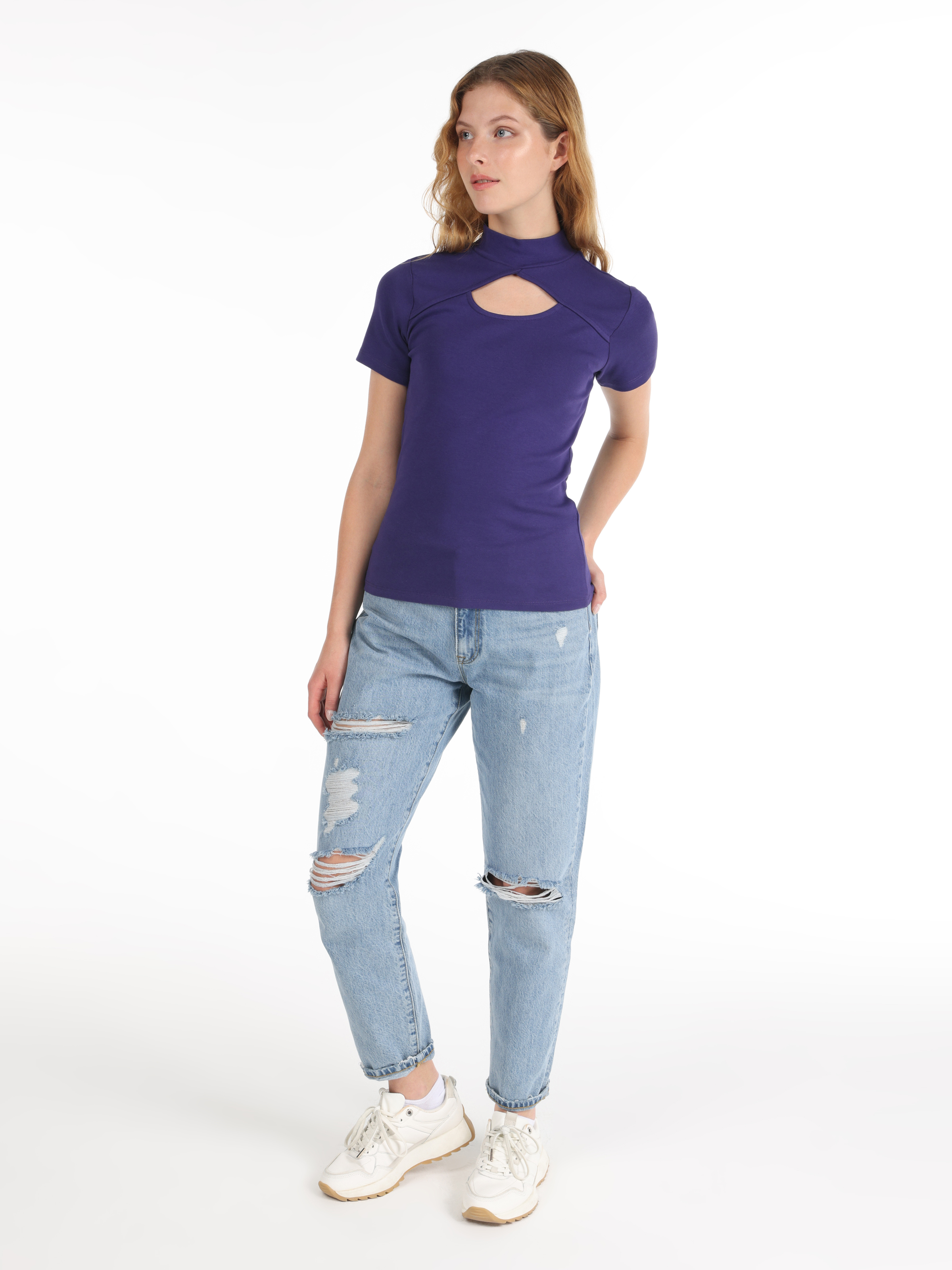 Slim Fit Yarım Balıkçı Yaka  Kadın Mor Kısa Kol Tişört