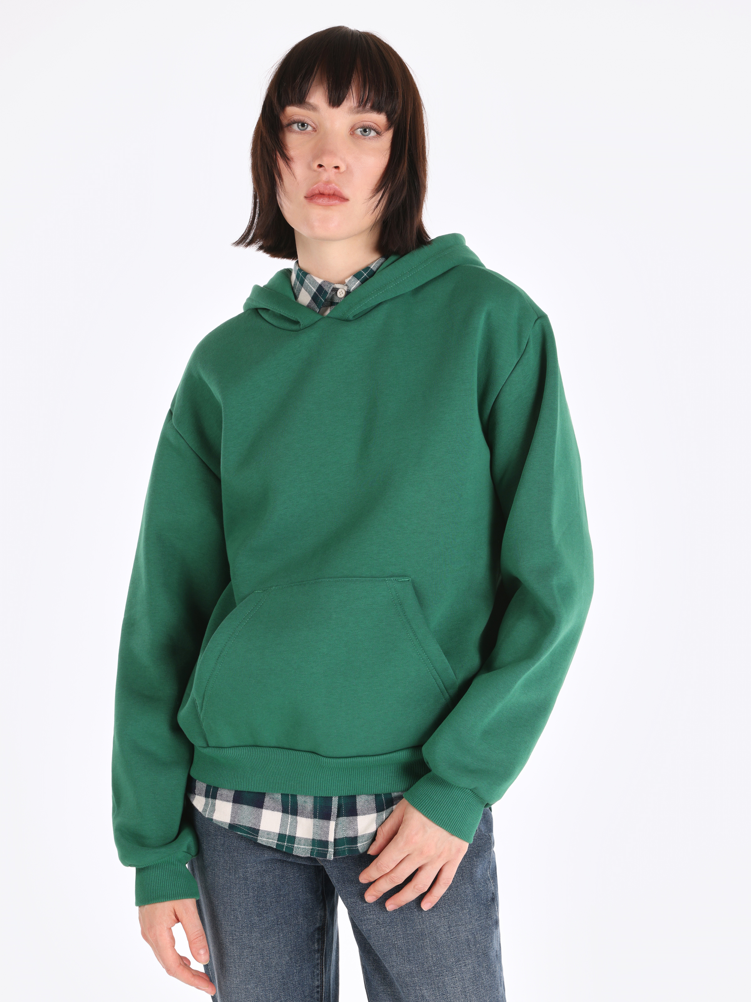 Regular Fit Kapüşonlu Düz Kadın Yeşil Sweatshirt