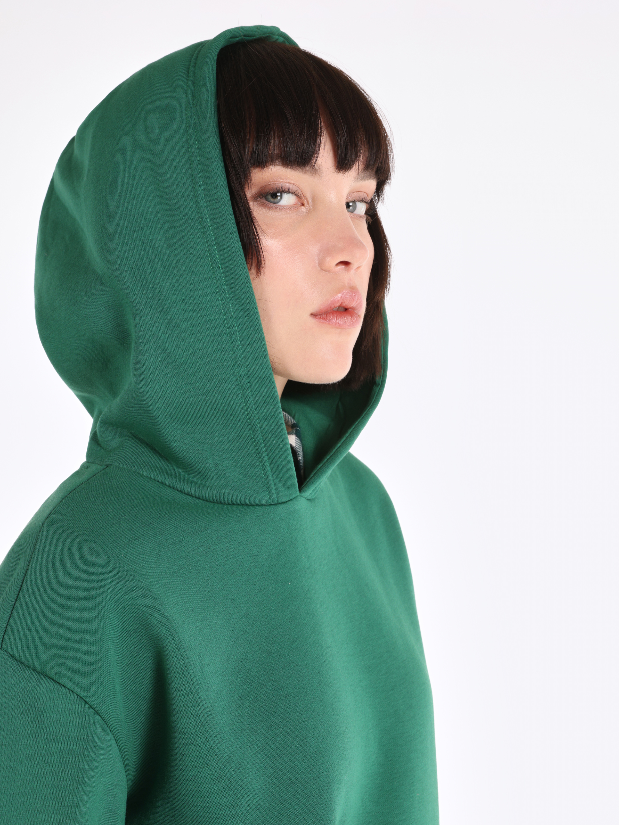 Regular Fit Kapüşonlu Düz Kadın Yeşil Sweatshirt